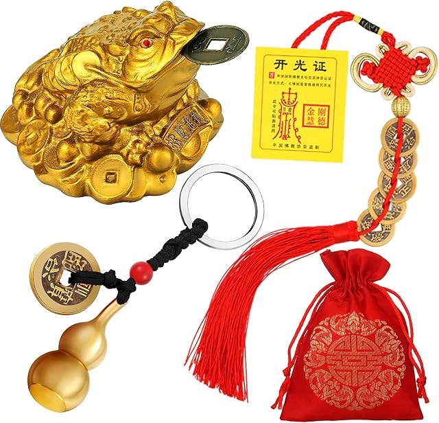 3 Pieces Feng Shui Money Frog Chinese Knot Lucky Coins Feng Shui Brass Wu Lou with Coins Keychain for Longevity Travel Safely Wealth Success and Good Luck with 1 Blessing Card and 1 Red Blessing Bag
