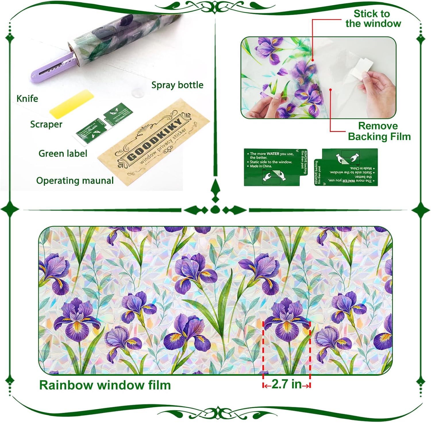Stained Glass Window Film, Rainbow Privacy, One Way Decorative Tint, Static Cling, Renter Friendly for Home Bathroom Door
