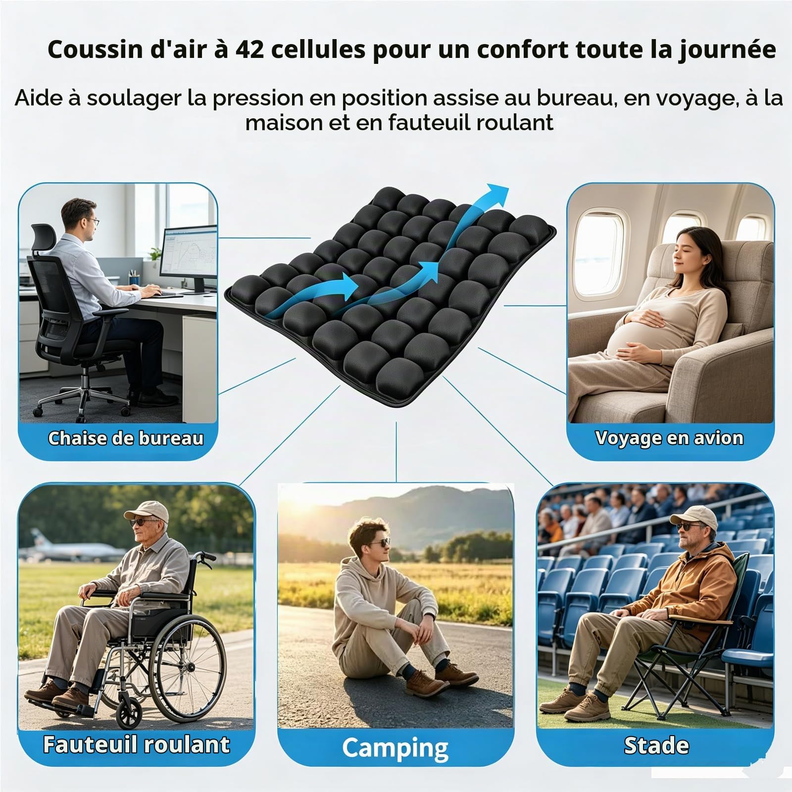 LINPING Coussin de siège orthopédique ergonomique, trou de voyage gonflable, soulagement des douleurs au coccyx et pour plus de confort d'assise, confort ergonomique pour voiture, bureau