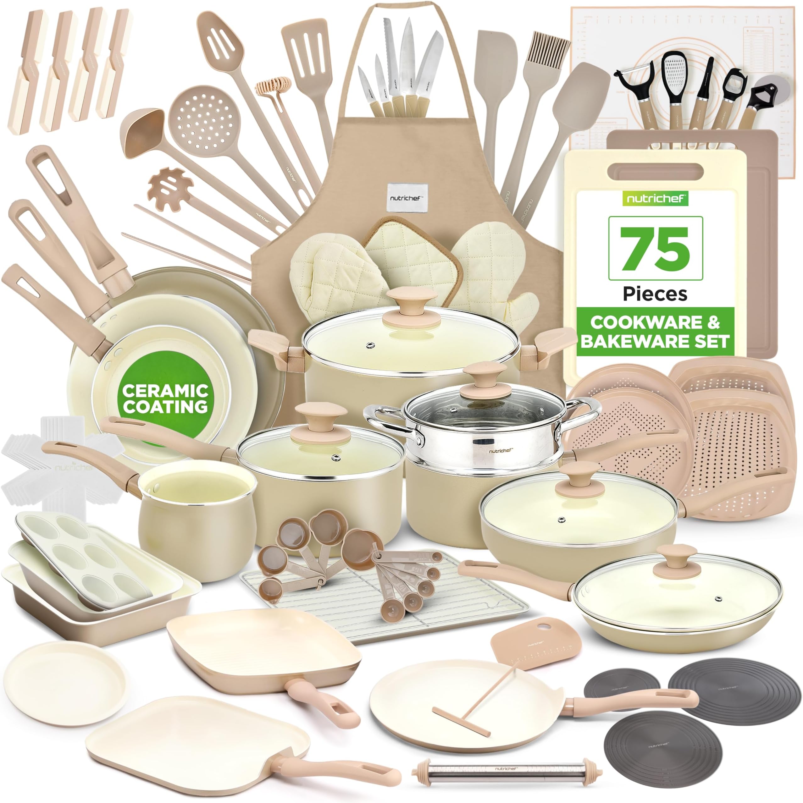 NutriChef Pots and Pans Set, Nonstick Cookware 75-Piece, Ceramic Pan Collection with Bakeware, Knife Kit, Food-Grade Safe, Stain-Resistant, Cream/Brown, Oven Safe to 190°C