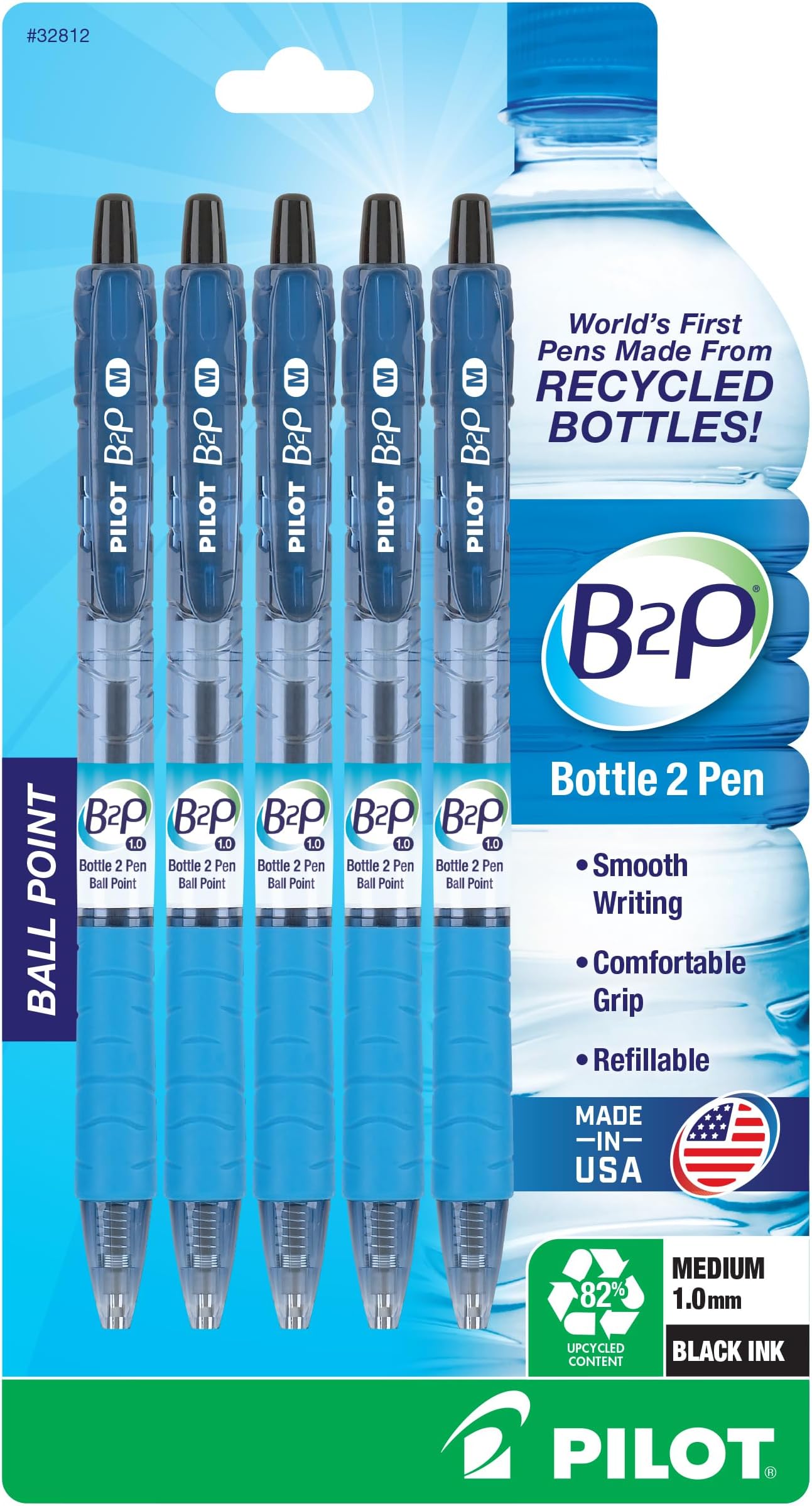 B2P - Bottle to Pen Refillable & Retractable Ball Point Pen Made From Recycled Bottles, Medium Point, Black Ink, 5-Pack (32812)