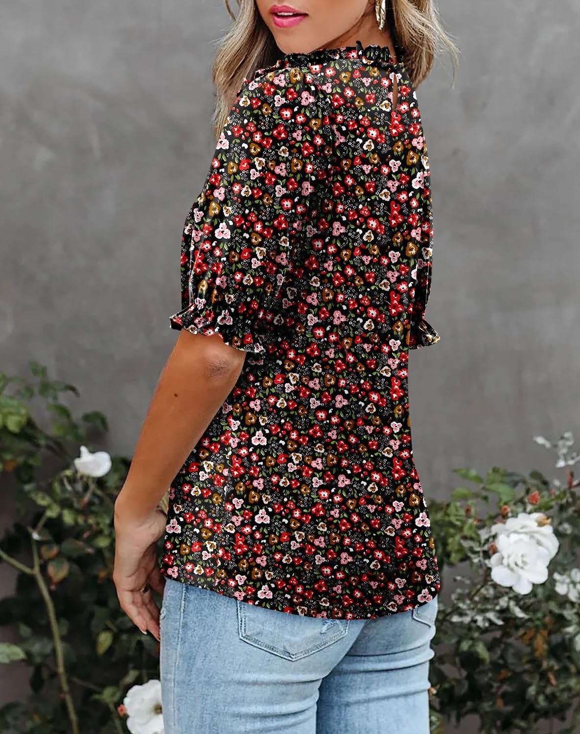 CHICZONE Women's Mock Neck Casual Summer Tops Ruffle Short Sleeve Keyhole Back Boho Blouses - Image 4