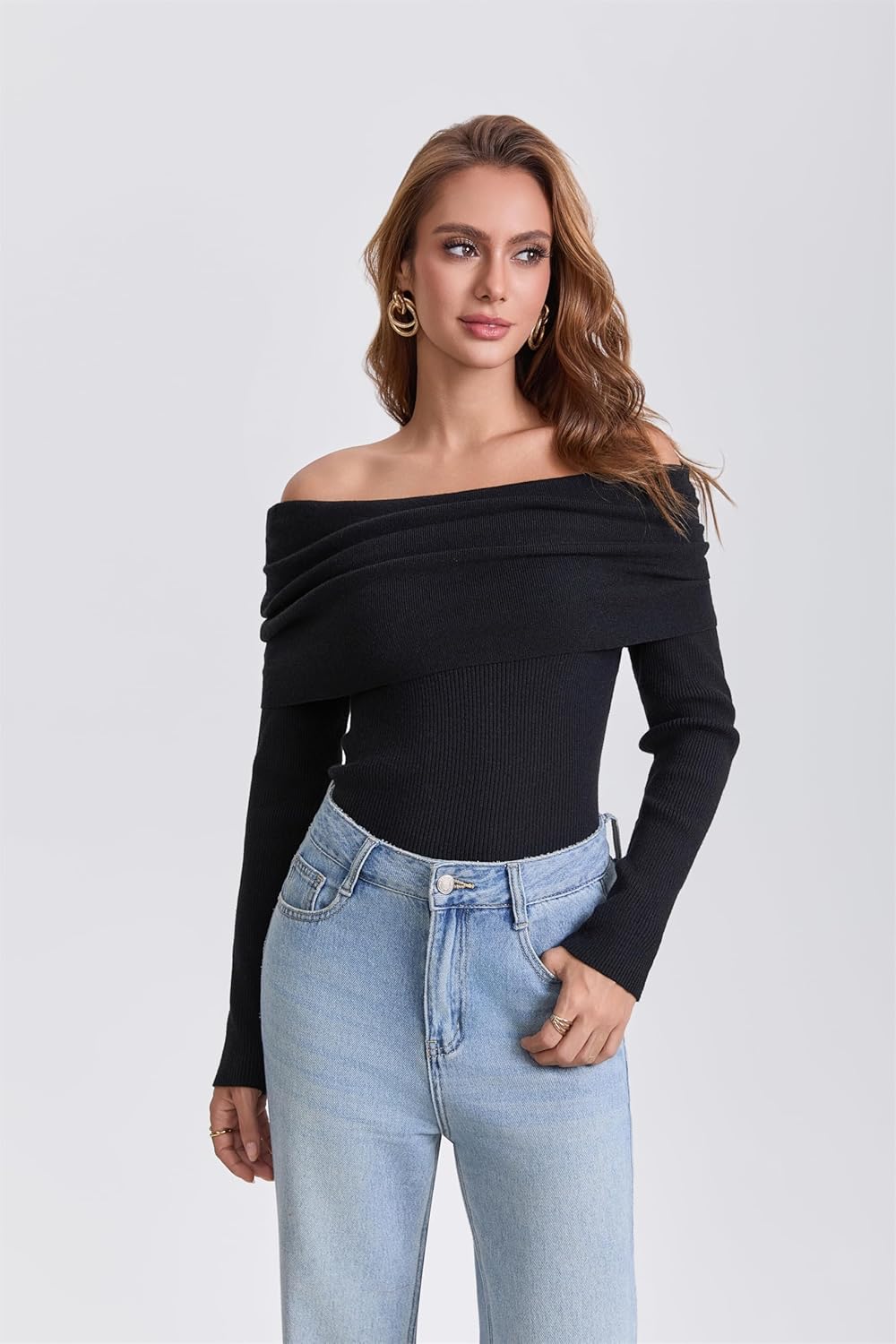 Women's Off The Shoulder Sweater 2025 Fashion Versatile Cute Long Sleeve Tops Fall Winter - Image 4