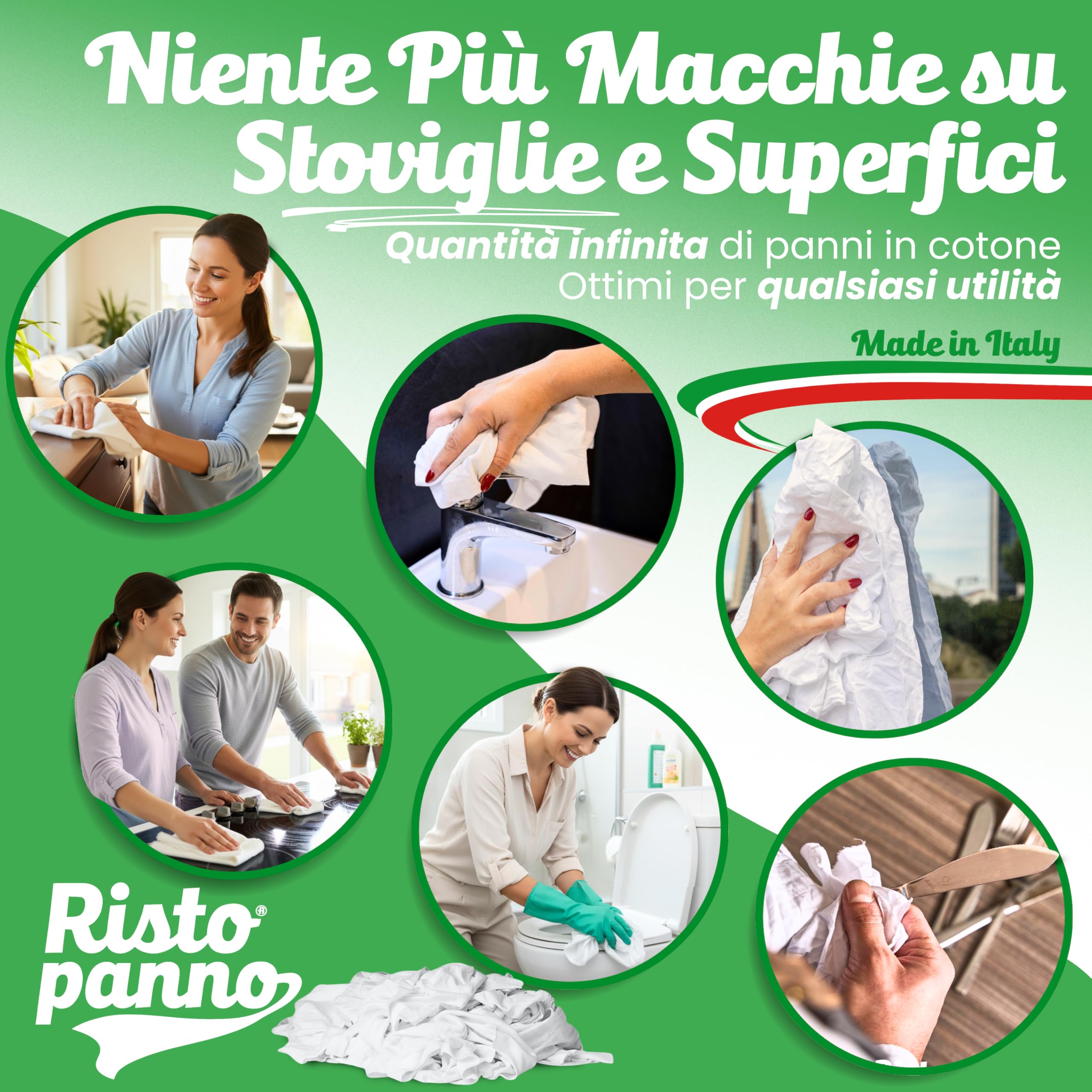 Ristopanno Home – Panni Multiuso - Stracci Bianchi Cotone 2 KG - Non Lascia Aloni - Uso Quotidiano per Casa, Auto, Moto e Garage - Lavabili Flessibili e Resistenti – Massima Assorbenza