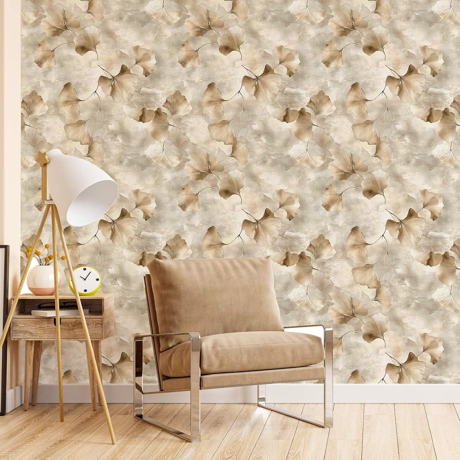 Ginkgo Leaf Peel and Stick Wallpaper, Beige Wallpaper for Home Decor | Self-Adhesive, Waterproof Vinyl, 17.7" x 118"