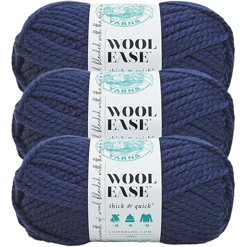 Lion Brand Yarn Wool-Ease Thick & Quick Yarn, Soft and Bulky Yarn for Knitting, Crocheting, and Crafting, 3 Pack, Navy