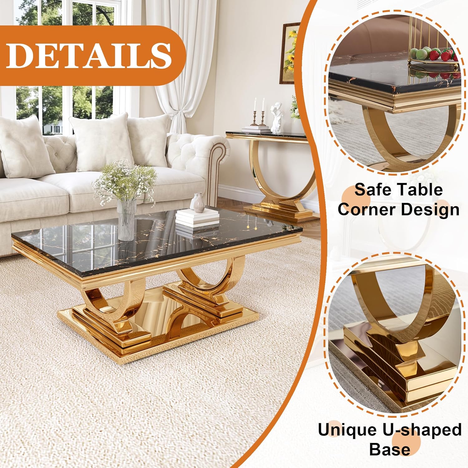 Luxury Marble Coffee Table, 47" Rectangle Coffee Table with Faux Marble Tabletop & Gold Stainless Steel Base, Modern Center Table for Living Room, Office