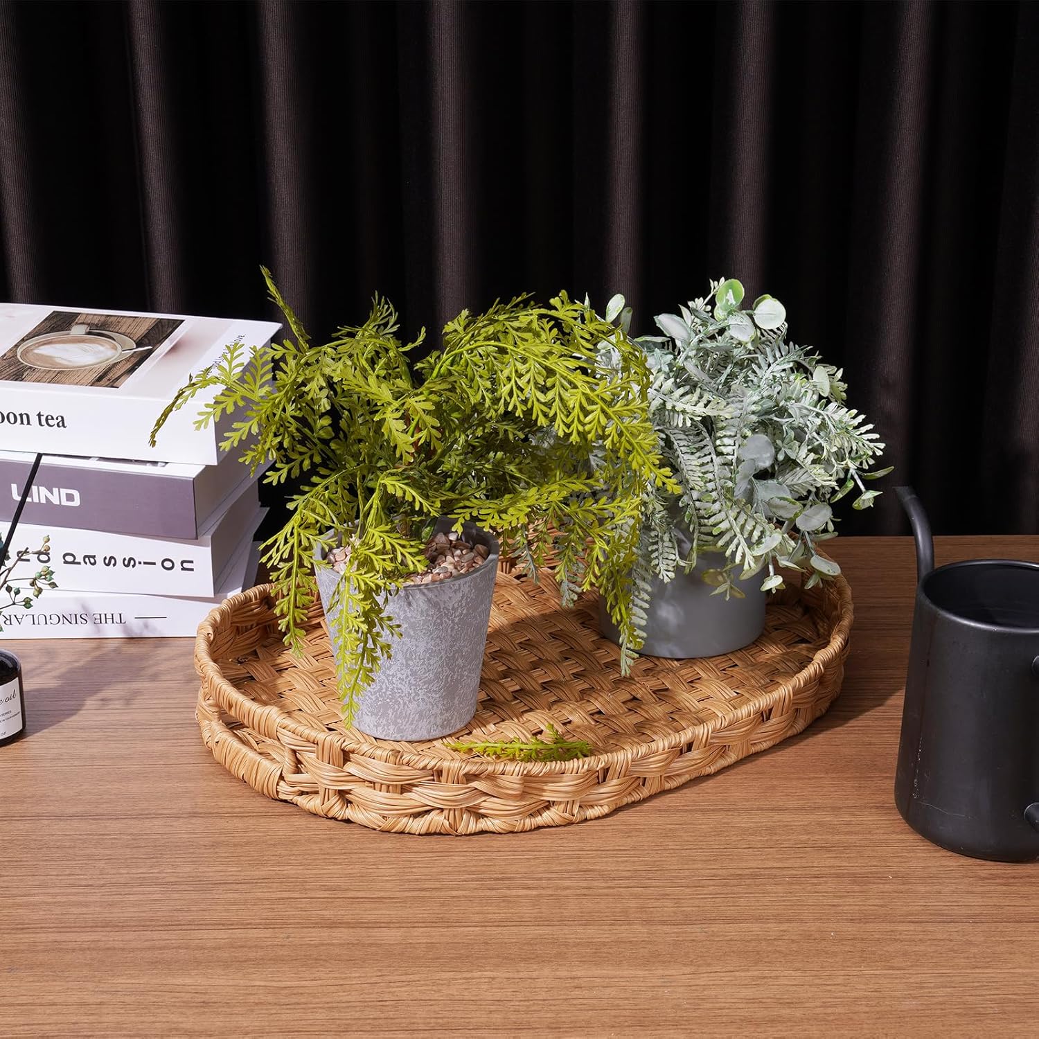 NiHome Synthetic Wicker Serving Tray with Handles,Decorative Ottoman Tray for Breakfast, Coffee Table, Living Room, Bathroom - Metal Frame Handwoven Synthetic Rattan (Oval, 16.5" x 12.2") - Image 3