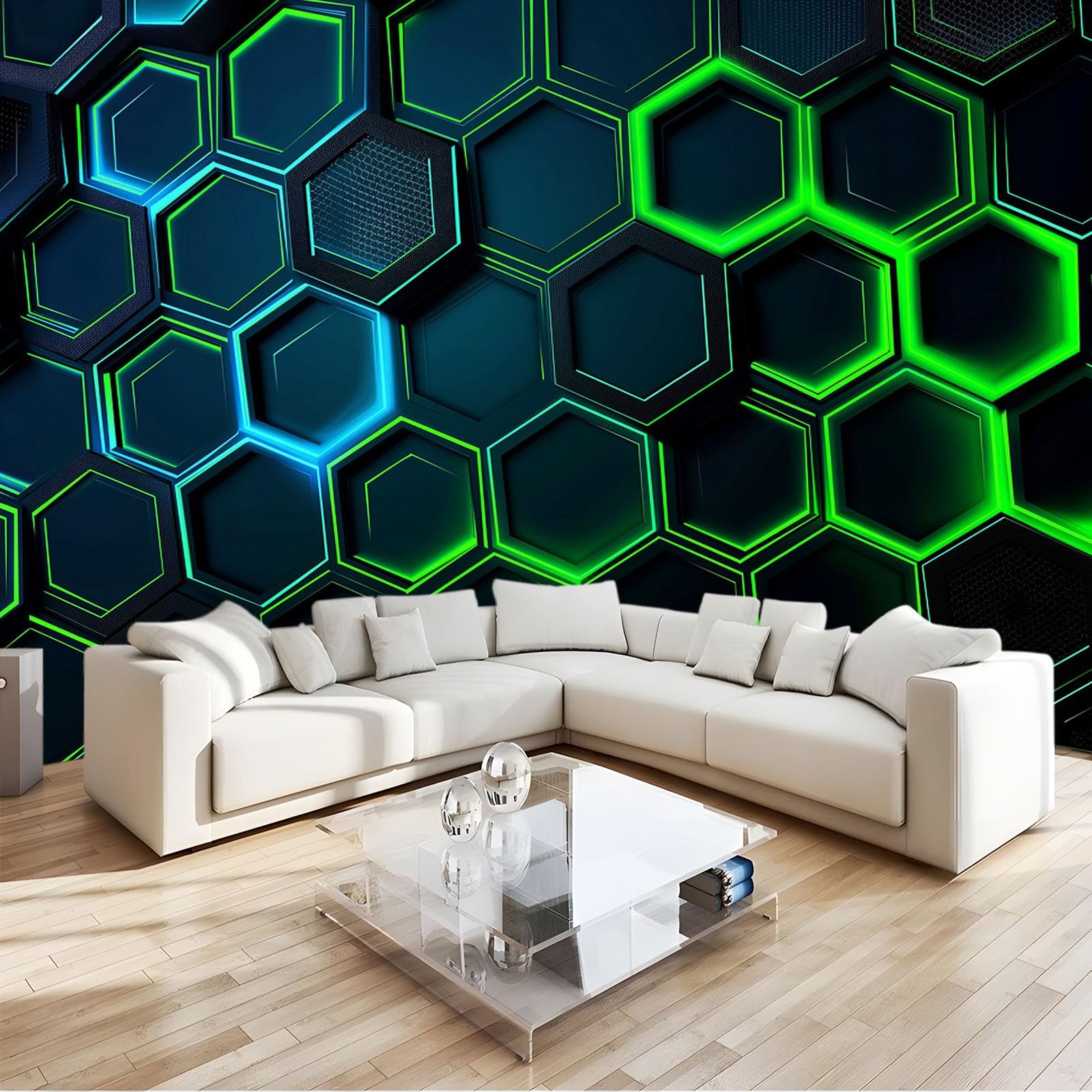 Tapeta, fototapeta, zielony, geometryczny plaster miodu, 250 x 175 cm, 3D, fototapeta, włóknina, duży plakat, do salonu, sypialni, korytarza, TV, tło, dekoracja ścienna, murale