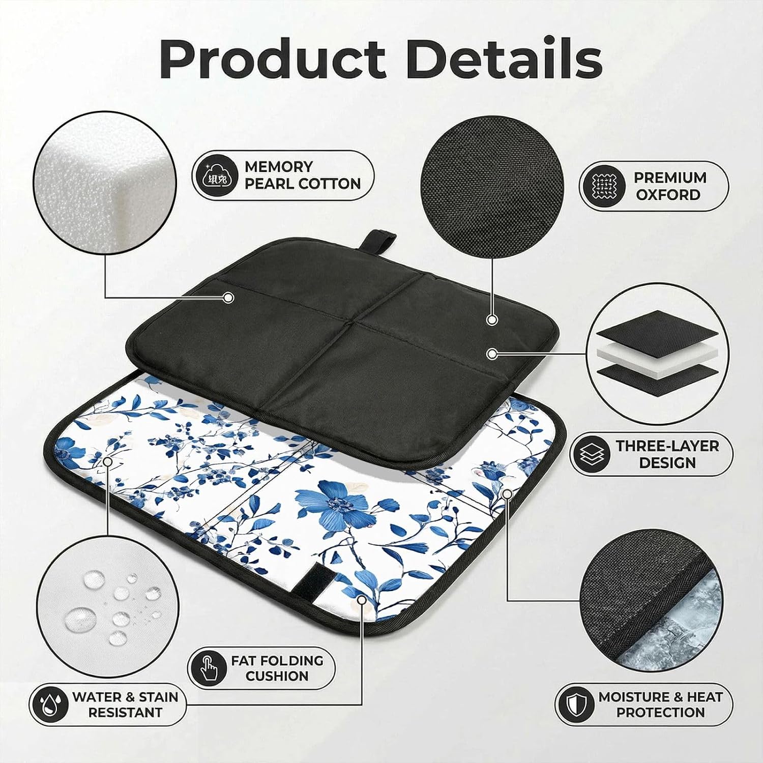 (Blue Flower Floral Pattern Roses) Sitting Pad Foldable Seat Cushion Lightweight Camping Seat Mat with Hook for Outdoor Hiking Picnic Camping