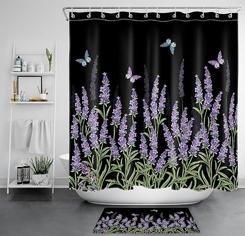 LB Butterfly and Floral Shower Curtain Sets with Rugs Lavender Flower with Green Leaves on Black Fabric Shower Curtain with Hooks Nature Botanical