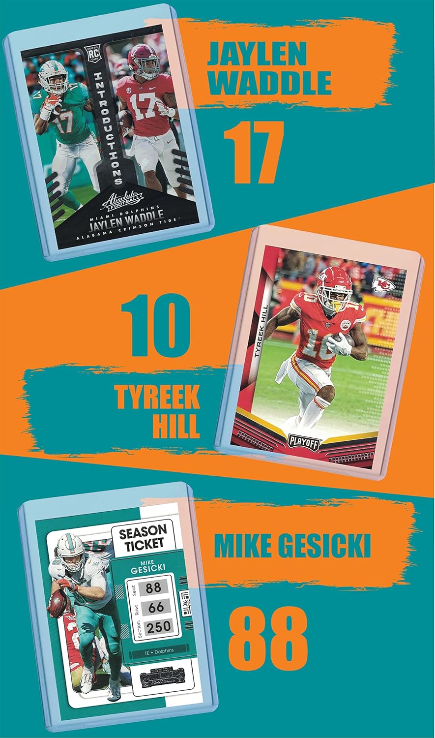 Miami Dolphins Cards: Tua Tagovailoa, Myles Gaskin, Jerome Baker, Tyreek Hill, Mike Gesicki, Dan Marino, Mark Duper Assorted Football Stars & Legends Trading Card & Wristbands Bundle