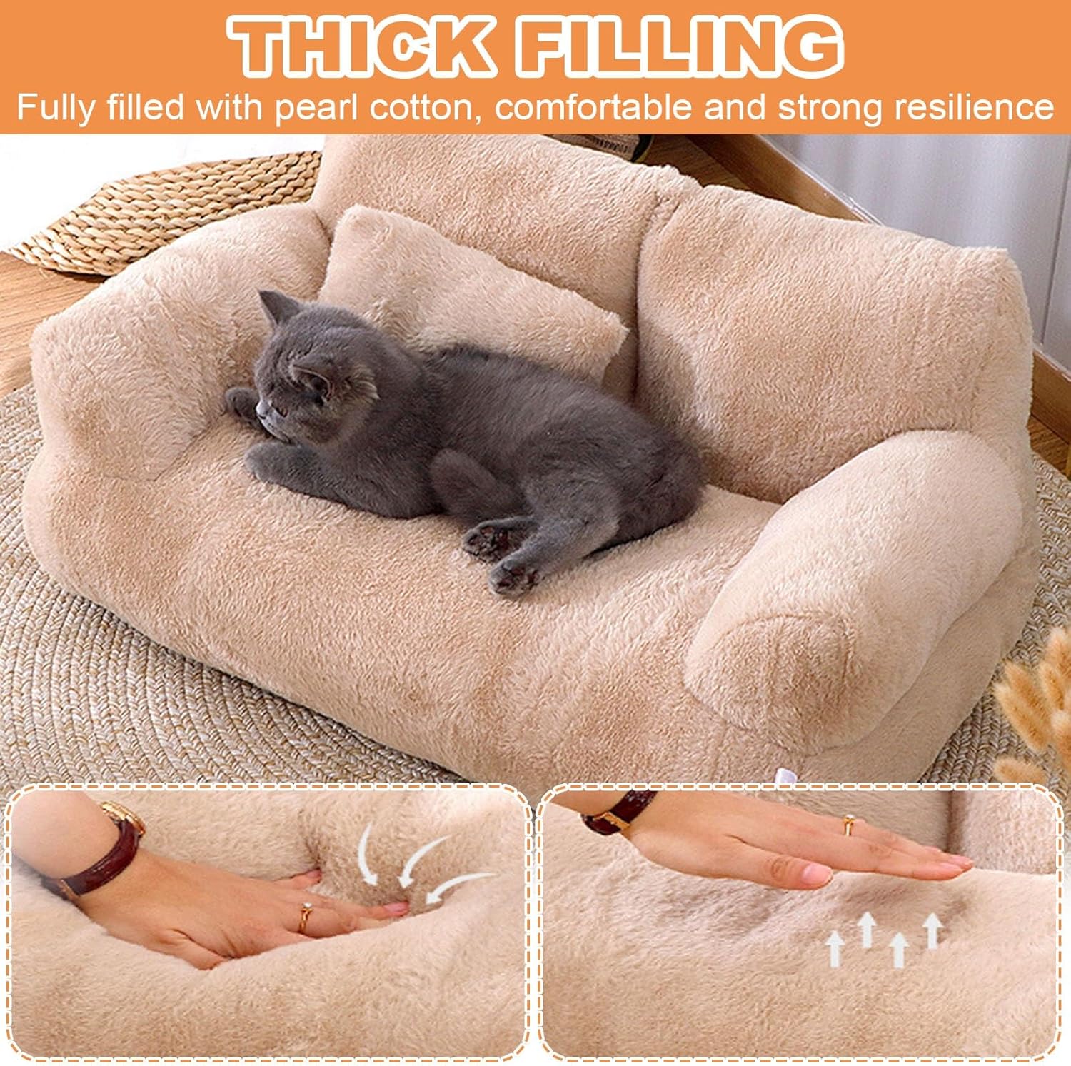 Pet Sofa Bed, Plush Dog and Cat Couch, Soft and Comfortable Pet Sofa with Removable Washable Cover, Non-Slip Bottom Dog Sofa(Orange,Medium)