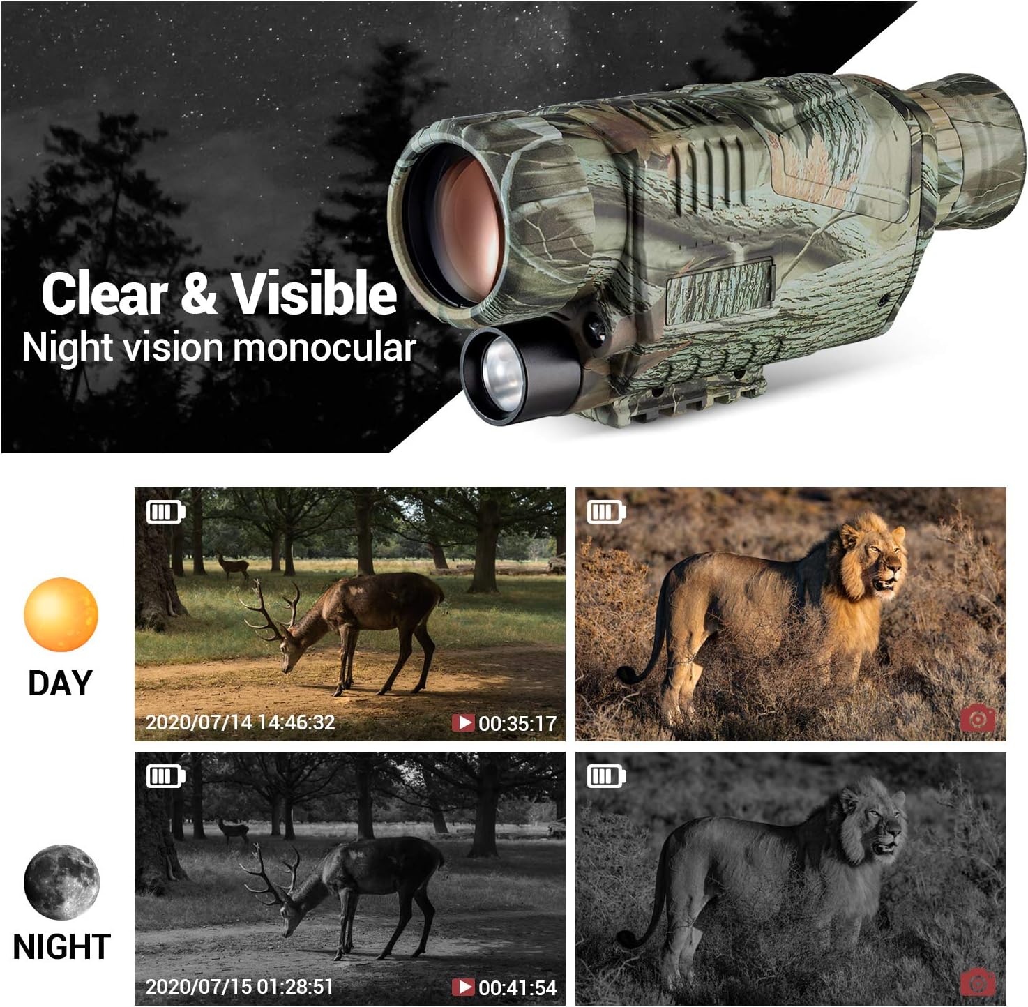 Lowest Price 32G Night Vision Monocular,Rechargeable 5-8X40 Digital Telescope for Adult Photo/Video Recording Playback Outdoor Hunting Security Surveillance (Camouflage)