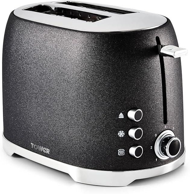 Tower Glitz T20029 2 Slice Metal Toaster with Adjustable Browning Control, Defrost and Reheat Settings, Black