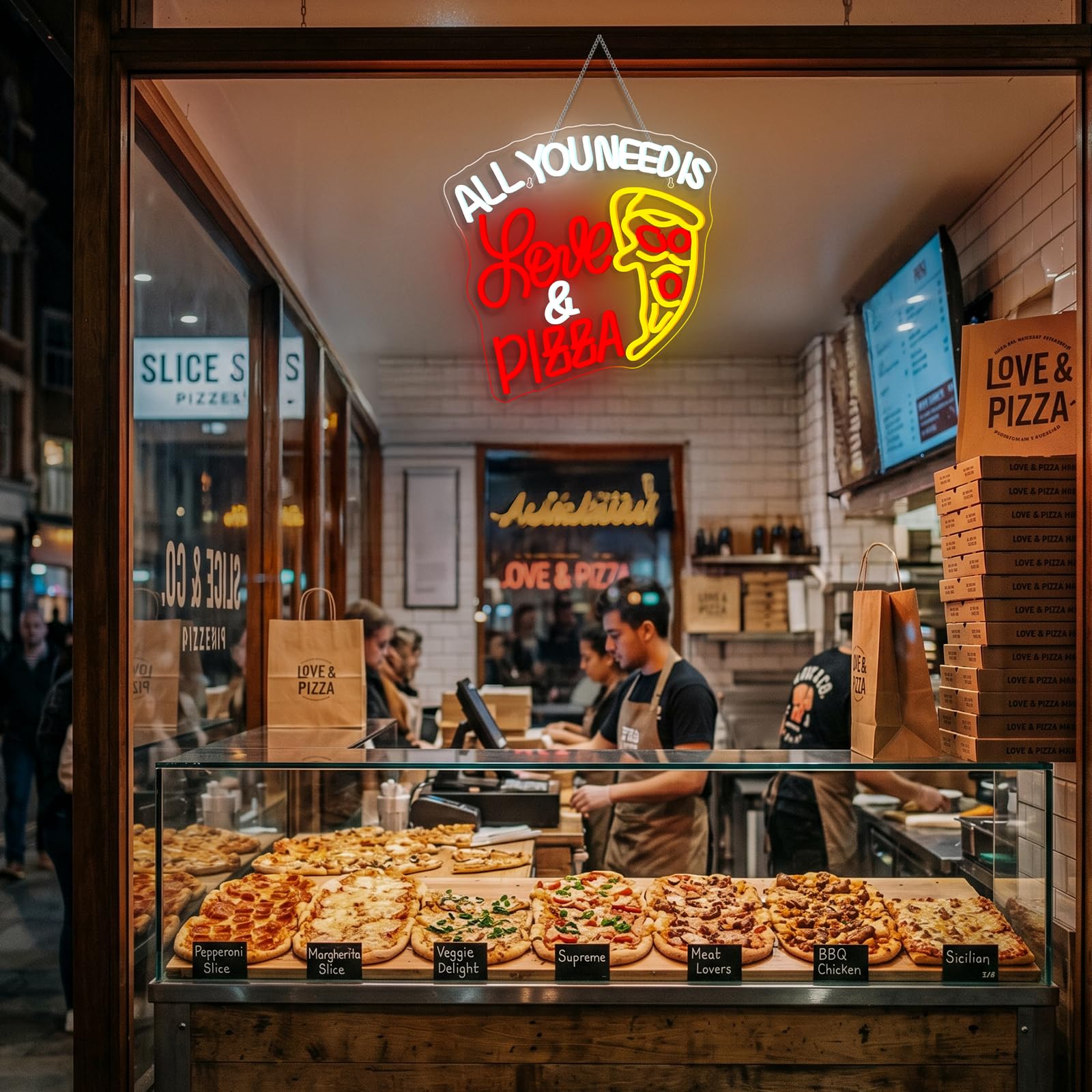 All You Need Is Love & Pizza Insegna Led Pizza Lampada Neon USB Dimmerabile Insegna al Neon Decorazione Letter Insegne Luminosee per Pizzeria Negozio, Regalo, Camera da Letto, Ristorante, Cucina