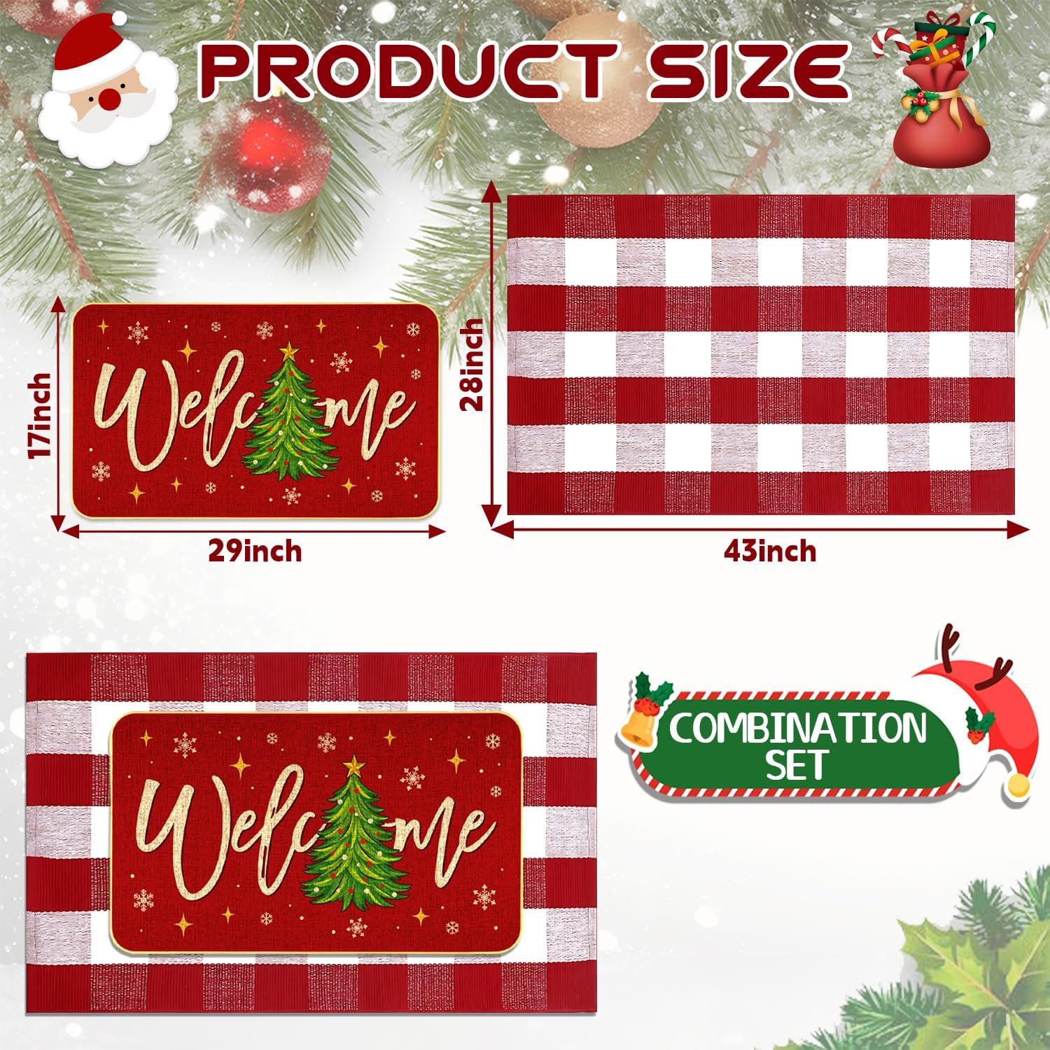 Christmas Tree Outdoor Rug Set, Christmas Door Mat Combo Set, Welcome Mat + 28 x 43 inch Red White Buffalo Plaid Rugs, Checkered Christmas Trees Rug for Porch Entryway Winter Holiday Home Decor
