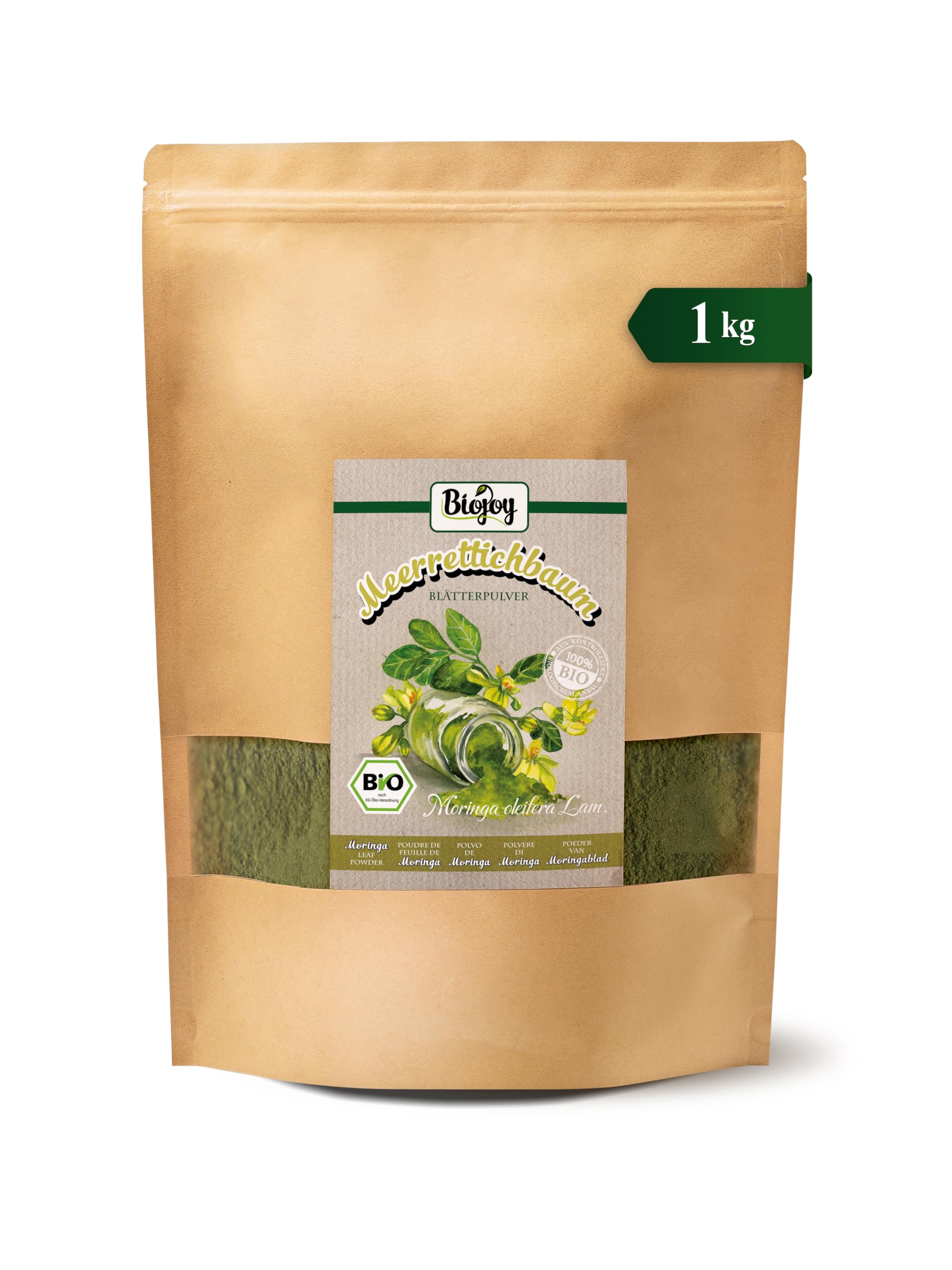 Biojoy Moringa en Polvo Ecológica (1 kg), hojas molidas para té o batidos (Moringa oleifera Lam.)