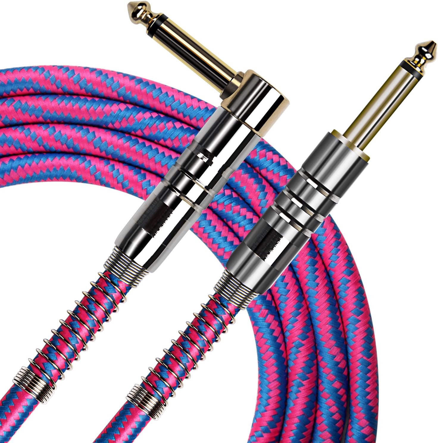 Amosic Guitar Cable 10 Feet, Waterproof Instrument Cable 1/4 Inch Straight to Right Angle Plug with Tweed Cloth Jacket, Spring Connection for Electric Bass Guitar, Keyboards