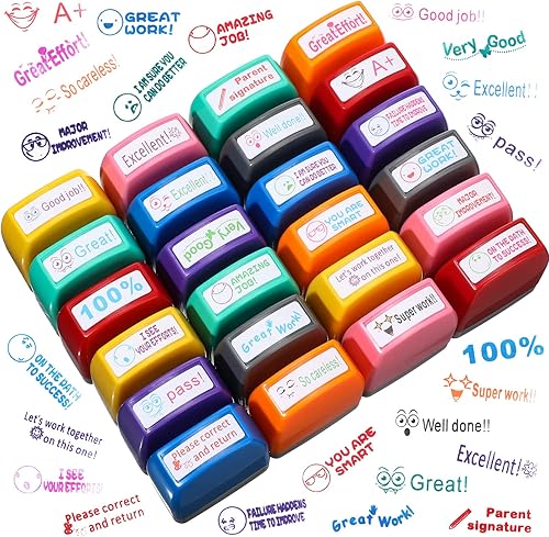 24 sellos para profesores para el aula, autoentintados, sellos de calificación coloridos para padres, escuela, profesores, motivación, comentarios
