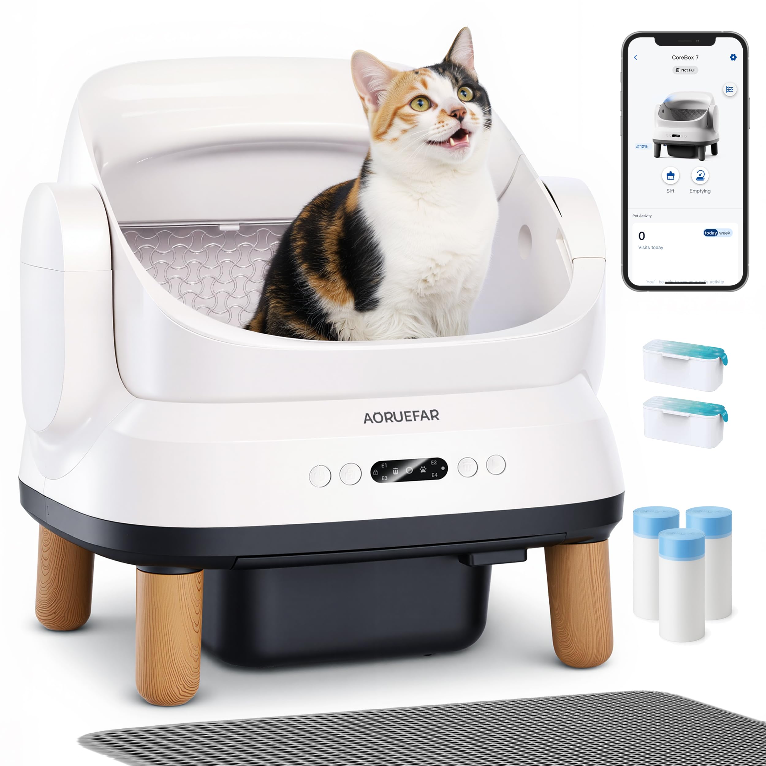 Aoruefar Self Cleaning Cat Litter Tray with WiFi App Control, Automatic Cat Litter Box with Infrared Safety & Odour Control, Open-Top Large Design with Wooden Legs, Includes Liners & Mat