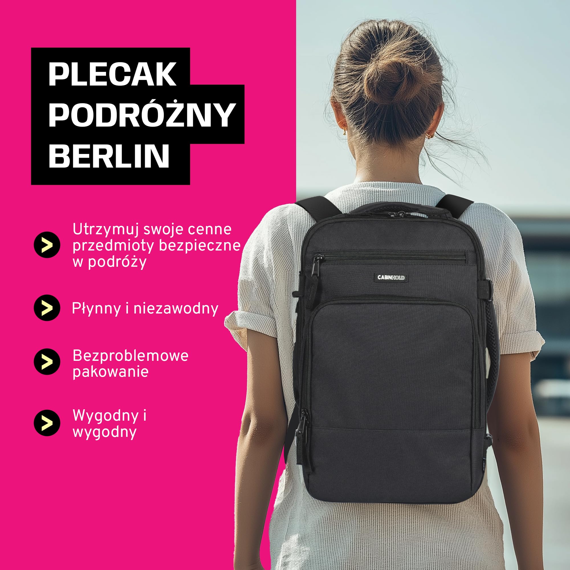 Berlin 20L 45x20x25 cm Lekki Plecak Podróżny – Zatwierdzony jako Bagaż Kabinowy Ryanair & EasyJet, Wodoodporny Poliester Oxford 600D, Bezpieczne Klipsy Kompresyjne