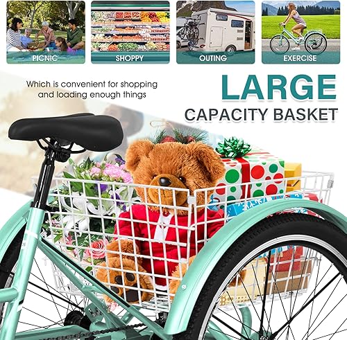 Vista 4 de MOPHOTO Triciclo de montaña para adultos, triciclo de montaña de 3 ruedas de 7 velocidades de 24 pulgadas y 26 pulgadas, triciclos de crucero