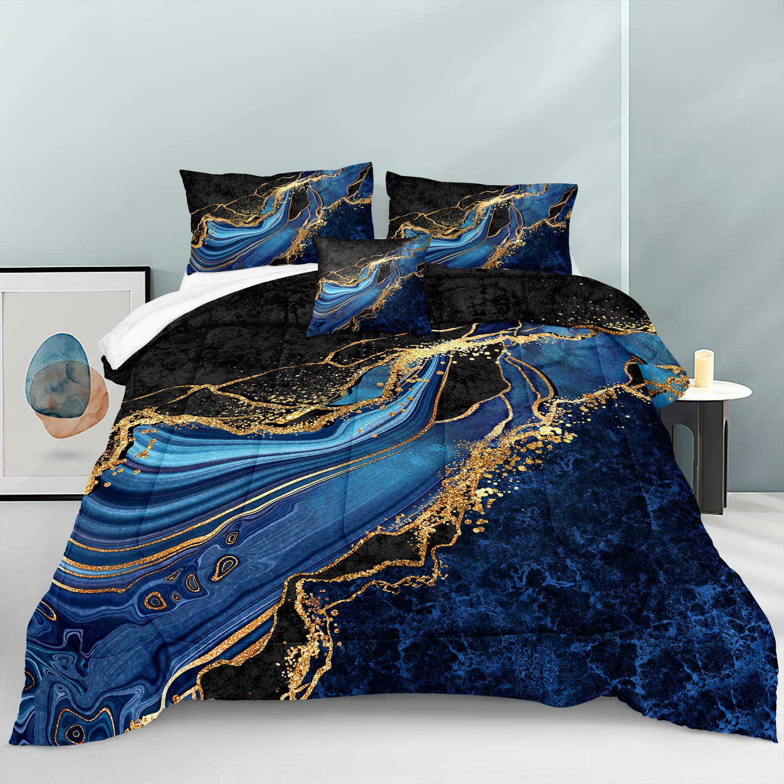 Black Gold Comforter Set King Size Blue Marble Bedding Comforter Ocean Blue River Mrable Abstract Bedding Watercolor Glitter Comforter Set with 2 Modern Pillowcases