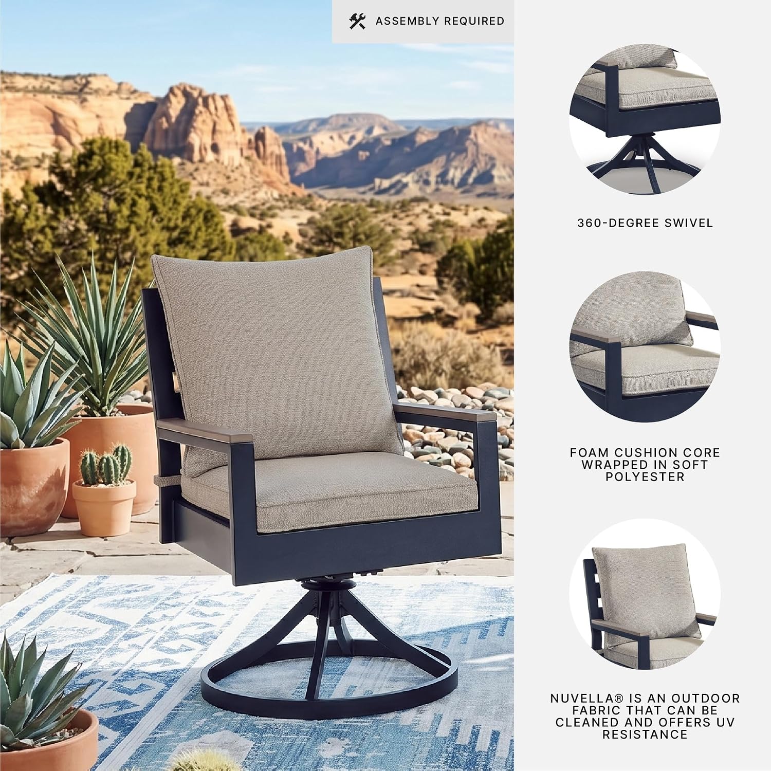 Signature Design by Ashley Outdoor Swivel Dining Chair Set of 2, Navy | Aluminum frame, Durable weather resistant HDPE wood-look accents, Nuvella performance fabric, Mabry Shores Series