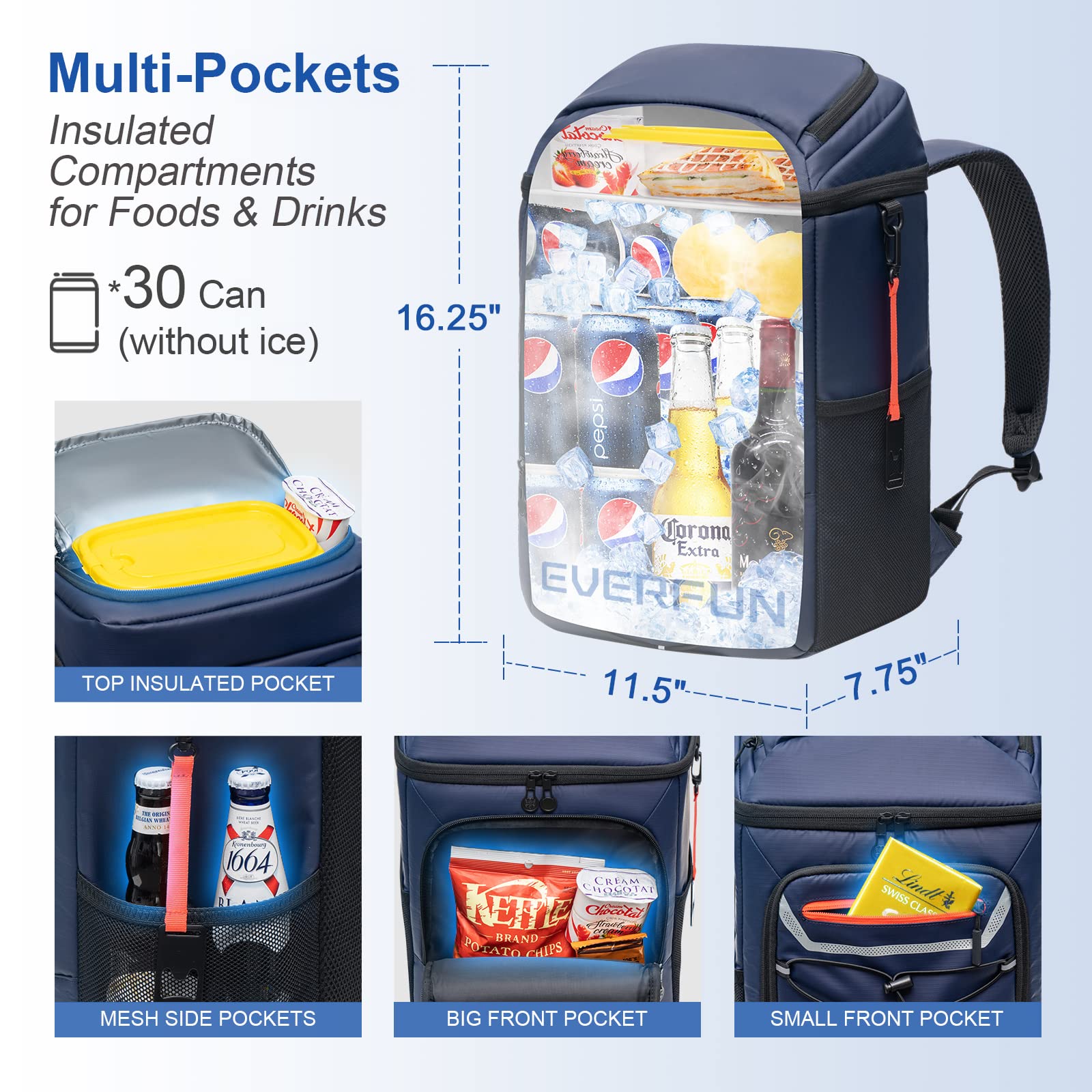 EVERFUN Cooler Backpack Insulated Leakproof 30 Cans, Cooler Bag with 2 ...