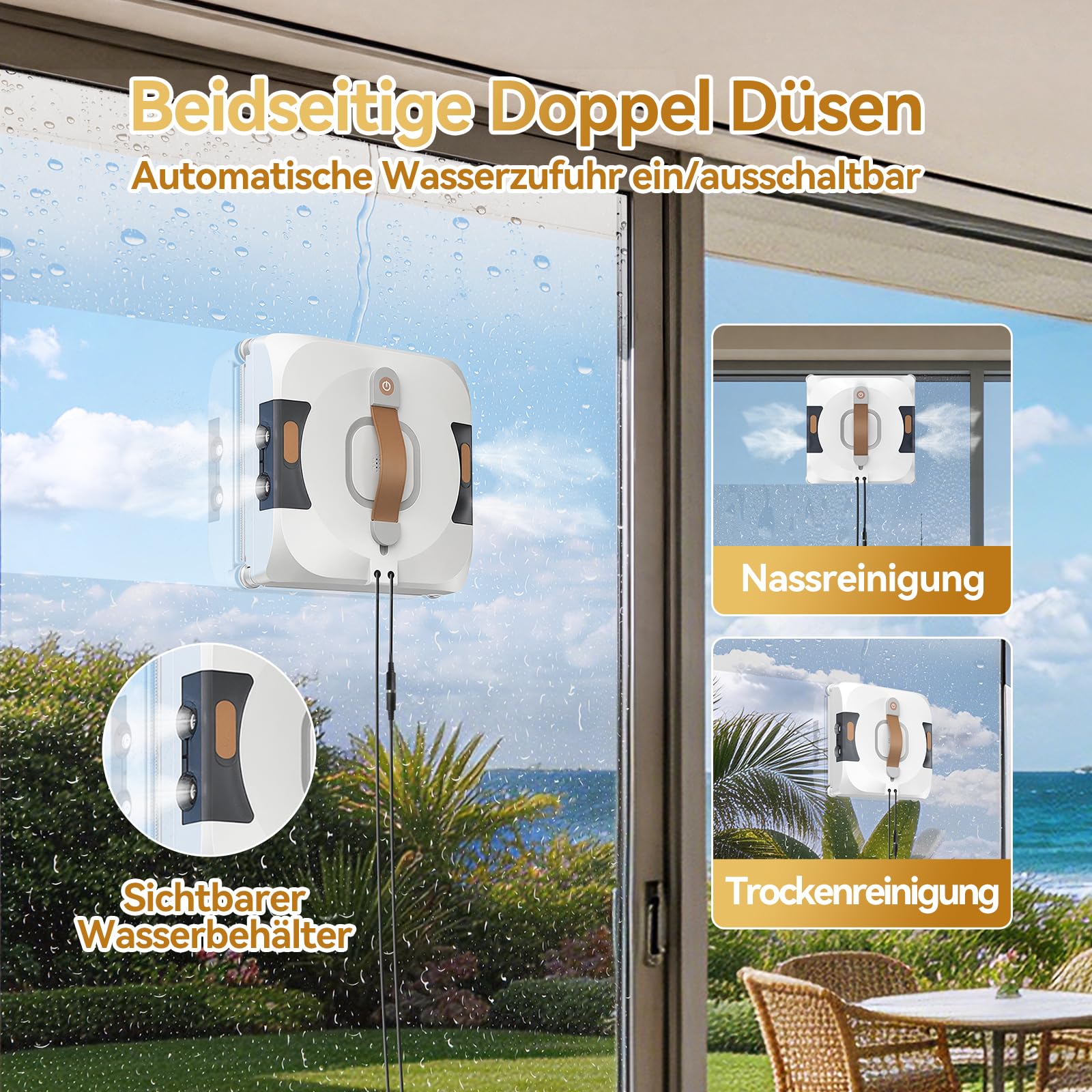 Robot de limpieza de ventanas con cambio de idioma, pulverizador de doble cara con depósito dual de 110 ml, modo de limpieza en seco y húmedo, para interiores y exteriores