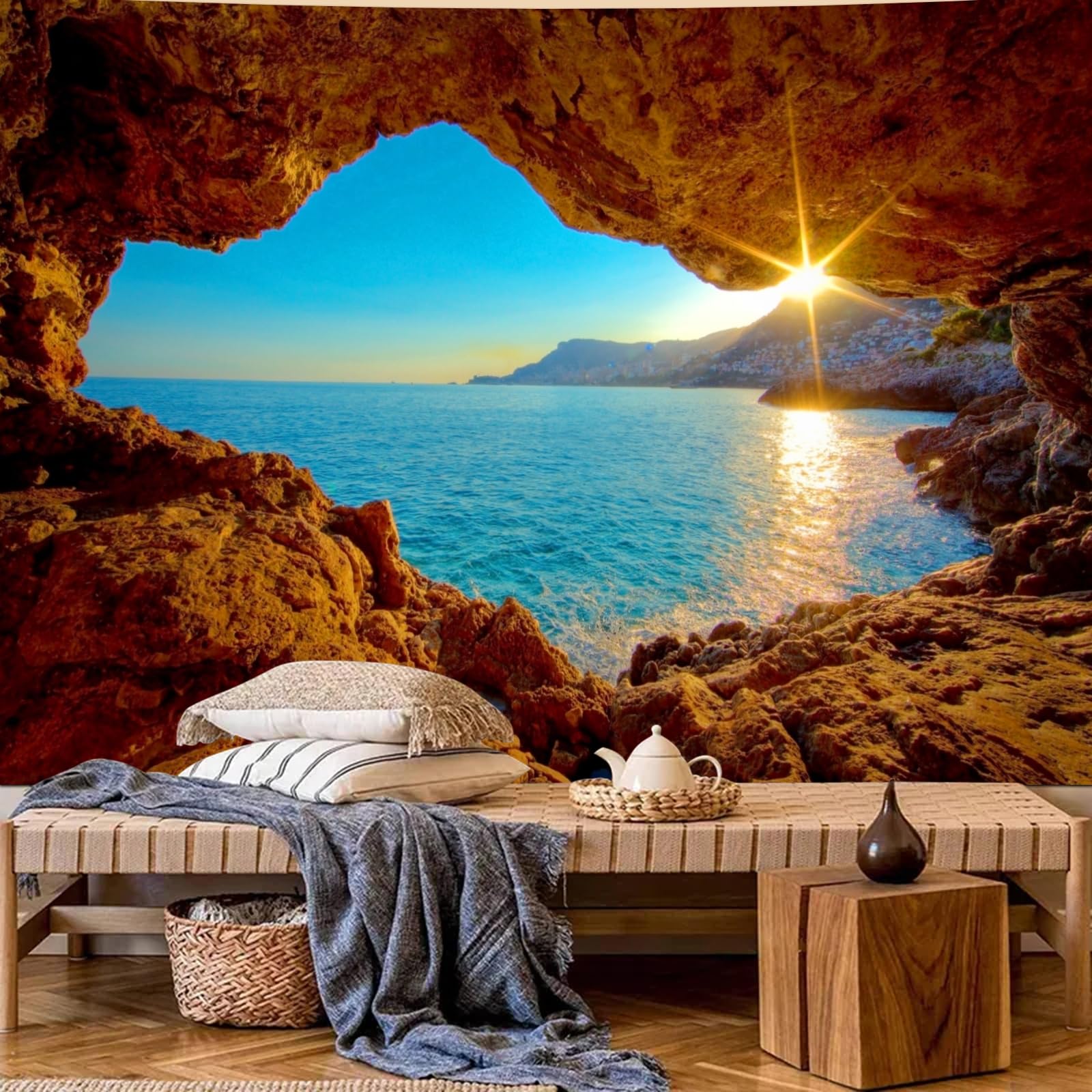 Calefee Arazzi da Parete Camera da Letto 150x130, Arazzo Grotta Tramonto Sul Mare Natura, Decorazione Murale per Soggiorno