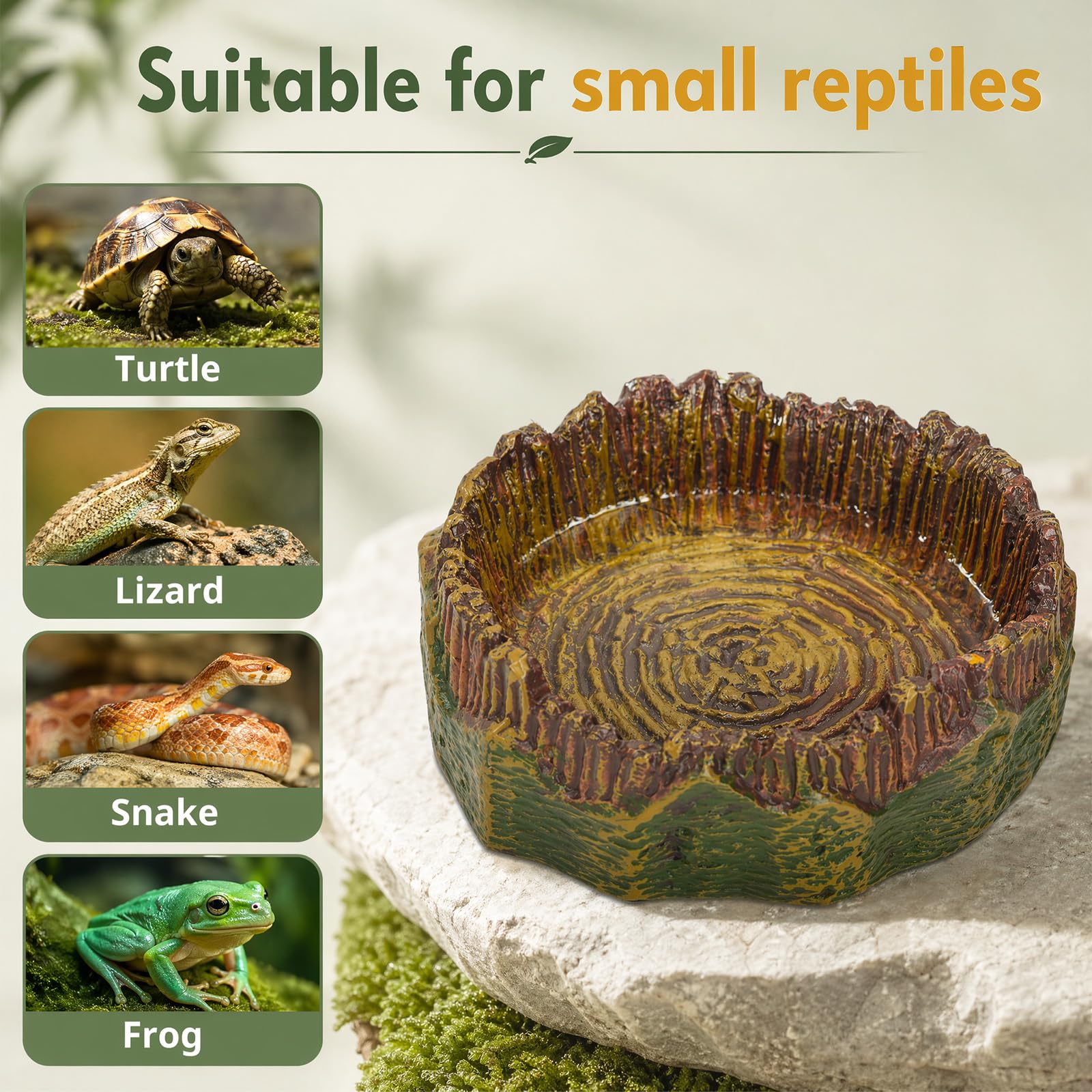Cuenco de agua, terrario, cuenco de agua, reptiles, comedero para reptiles, terrario, tocón de árbol realista, decoración de terrario, 2 unidades para gecko, barba, lagarto, tortuga, hábitat — view 7