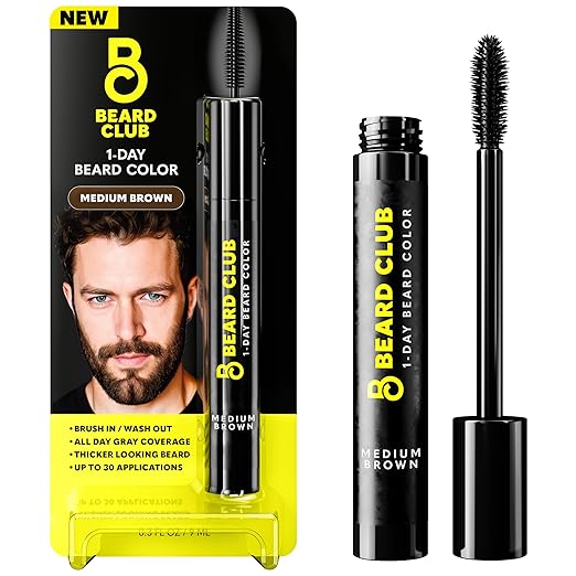 The Beard Club 1 Day Temporary Beard Dye for Men - Medium Brown Beard, Mustache & Eyebrow Color for a Fuller, Well-Defined Look, Water & Sweat Resistant, Up to 30 Applications, 0.3 fl oz