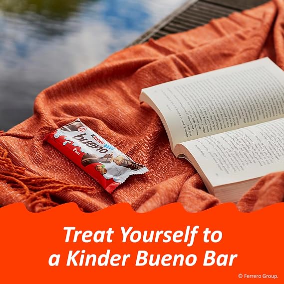 Kinder Bueno Milk Chocolate and Hazelnut Cream, 2 Individually Wrapped Chocolate Bars Per Pack, 1.5 oz each, 30 Pack