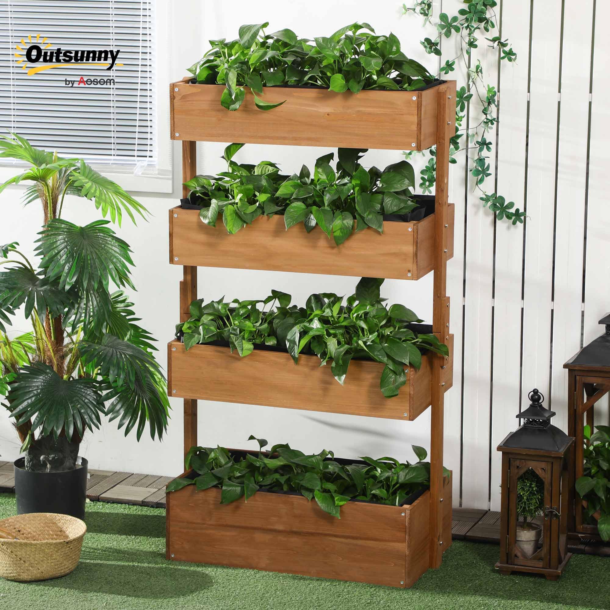 Outsunny Jardinera de Madera de 4 Niveles, Jardinera Exterior Elevada con Orificios de Drenaje y Tela no Tejida, Macetero para Cultivos, Plantas, Flores, para Terraza, Jardín, 80x45x142 cm, Naranja