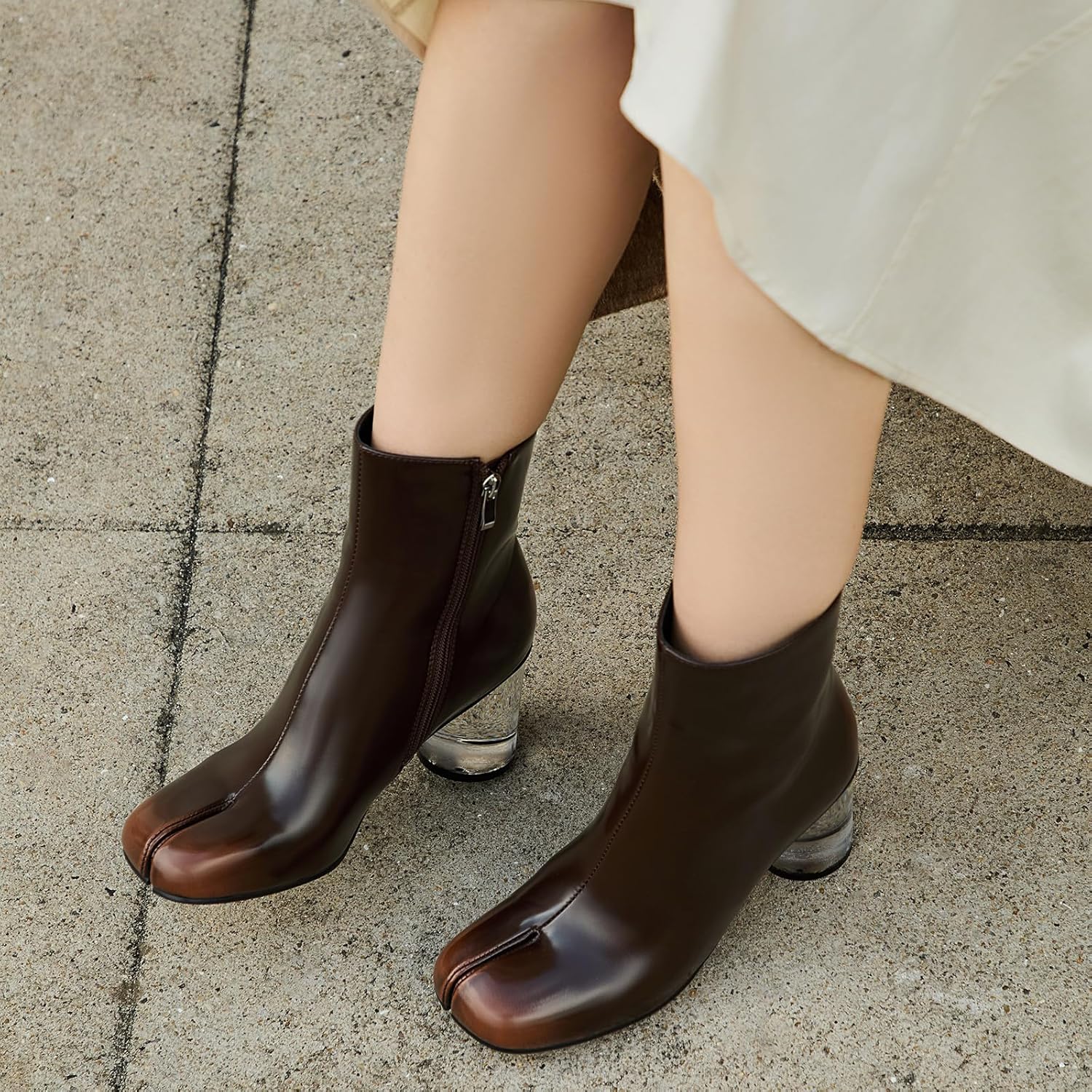 Split Toe Women Clear Block Heels Ankle Boots Chunky High Heels Booties Tabi Zipper Side Short Boots - Image 3