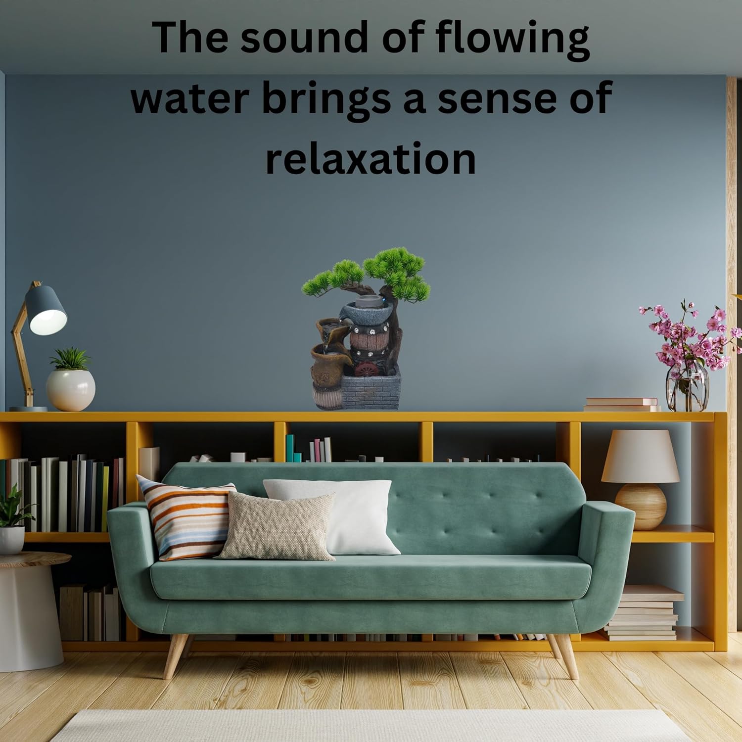 14.5-Inch Tabletop Water Fountain with Bonsai Tree, 3 Cascading Pots, Elegant 3-Tier Rock Garden, Serene Meditation Gift with Waterfall Sounds for Home/Office