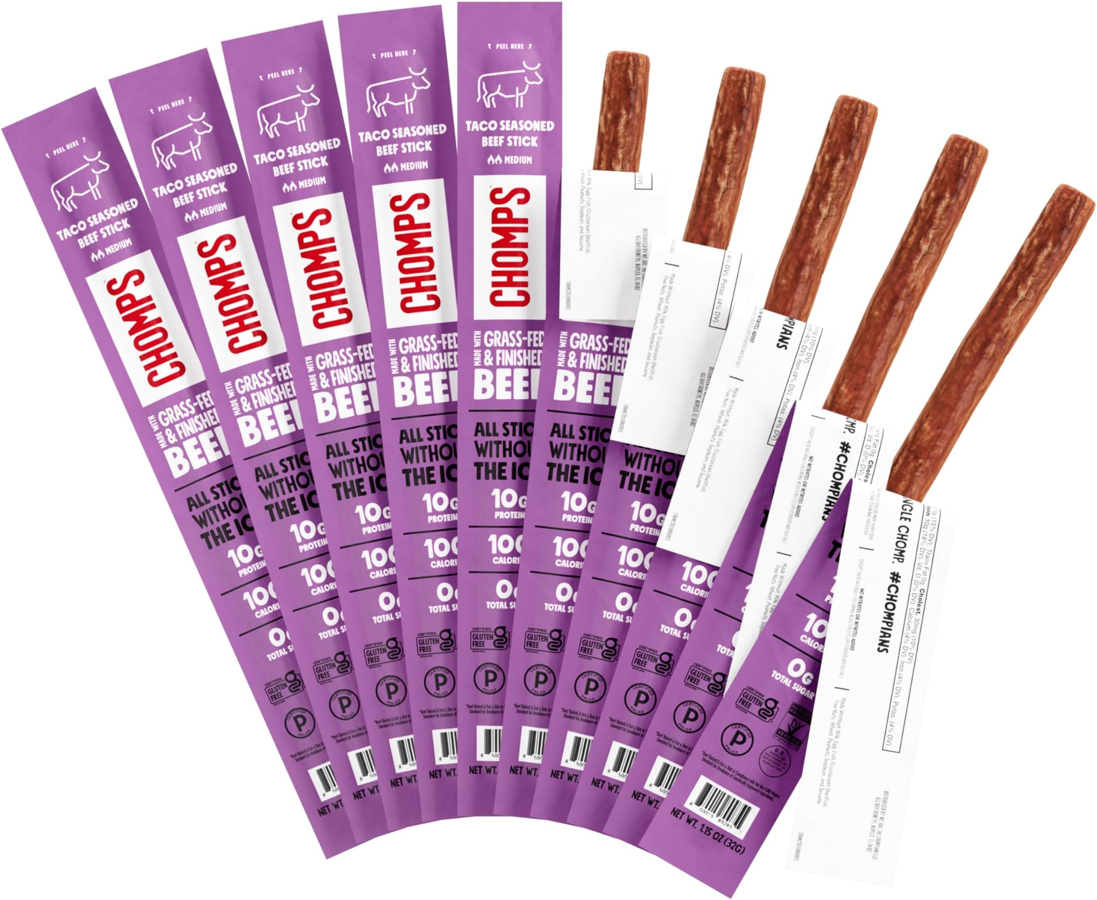 Grass-Fed and Finished Taco Beef Jerky Snack Sticks 10-Pack - Keto, Paleo, Whole30, 10g Lean Meat Protein, Gluten-Free, Zero Sugar Food, Non-GMO
