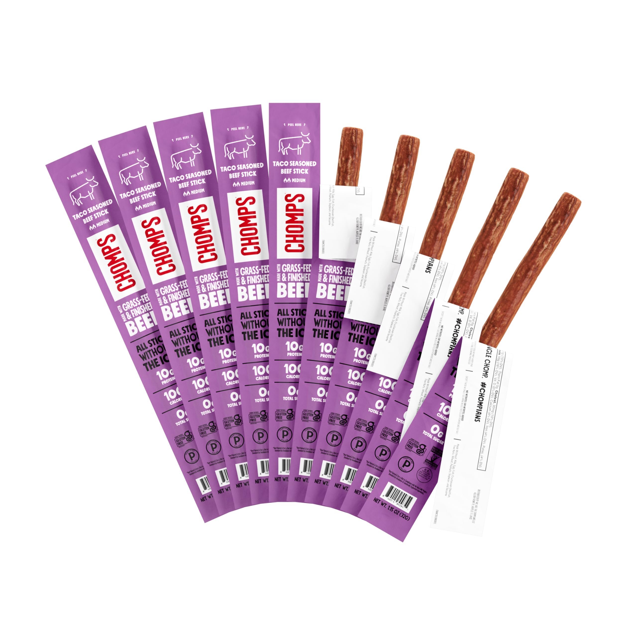 Chomps Grass-Fed and Finished Taco Beef Jerky Snack Sticks 10-Pack - Keto, Paleo, Whole30, 10g Lean Meat Protein, Gluten-Free, Zero Sugar Food, Non-GMO