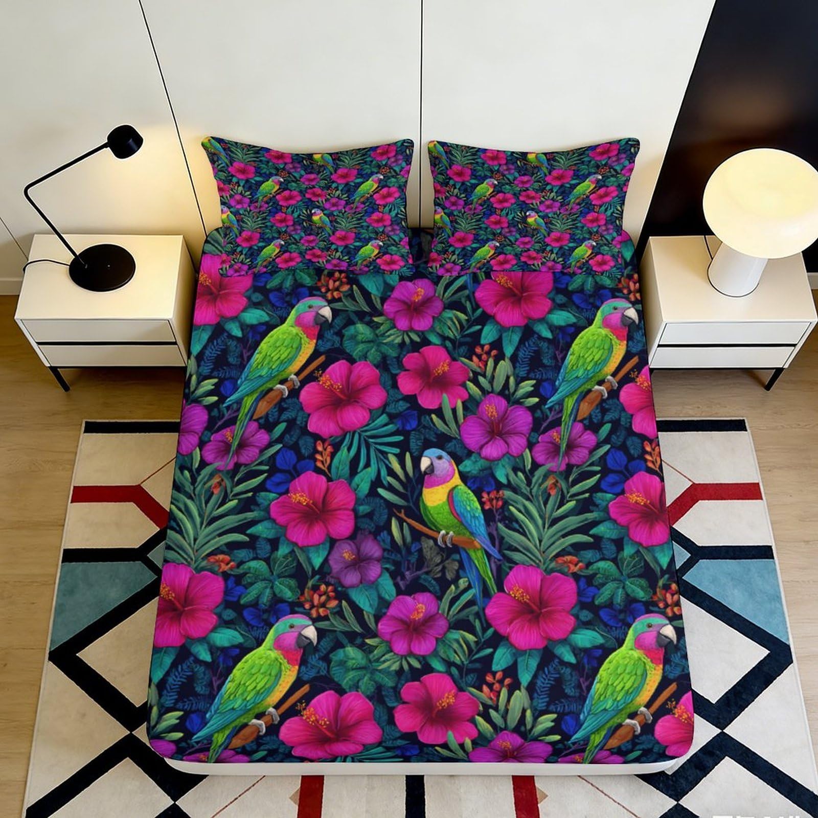 3D Printed Tropical Parrot Fitted Sheet Microfiber Vibrant Hibiscus Mattress Cover for Bedroom Dorm Machine Washable 120x200x25cm