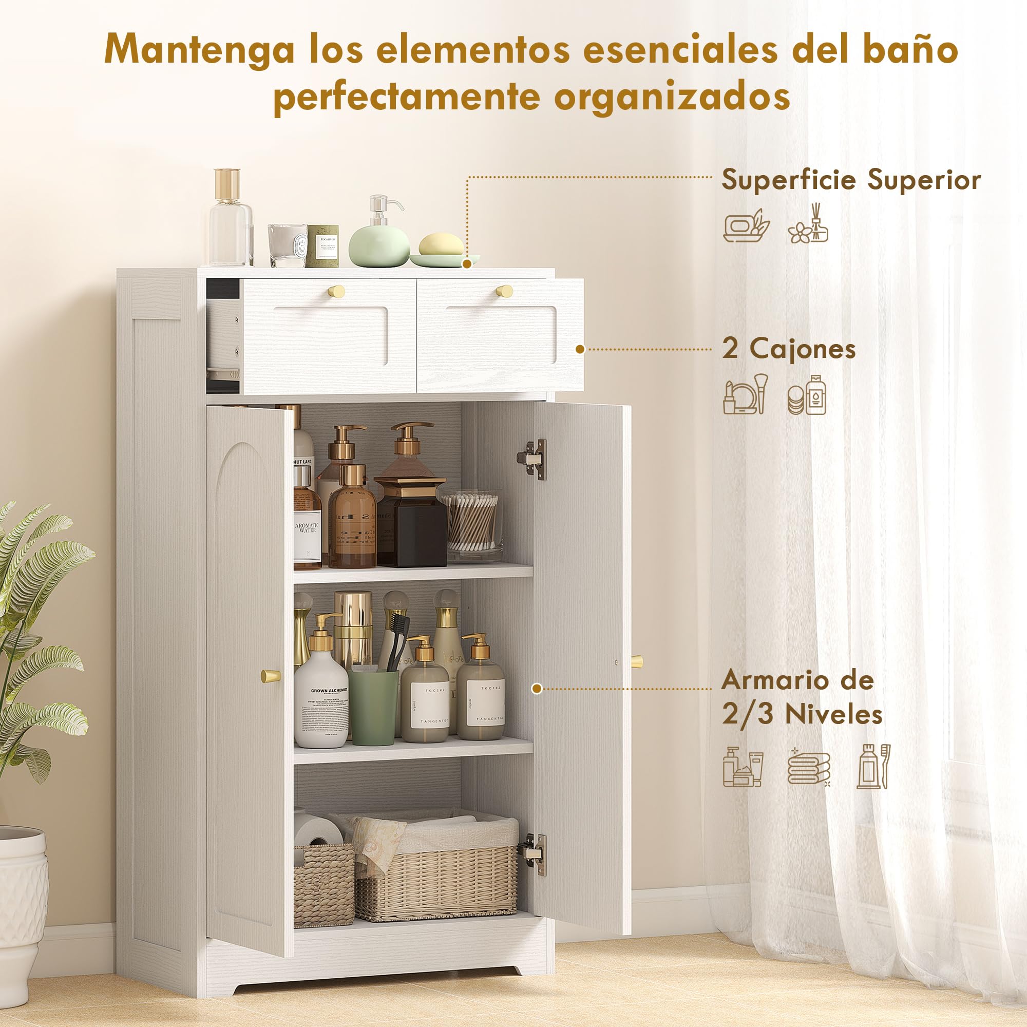 HOMCOM Armario de Baño Estrecho con 2 Cajones 60x30x108 cm Blanco Veteado | Mueble Auxiliar de Baño, Estante Abierto, Puerta con Panel Arqueado, Estilo Moderno, para Espacios Pequeños