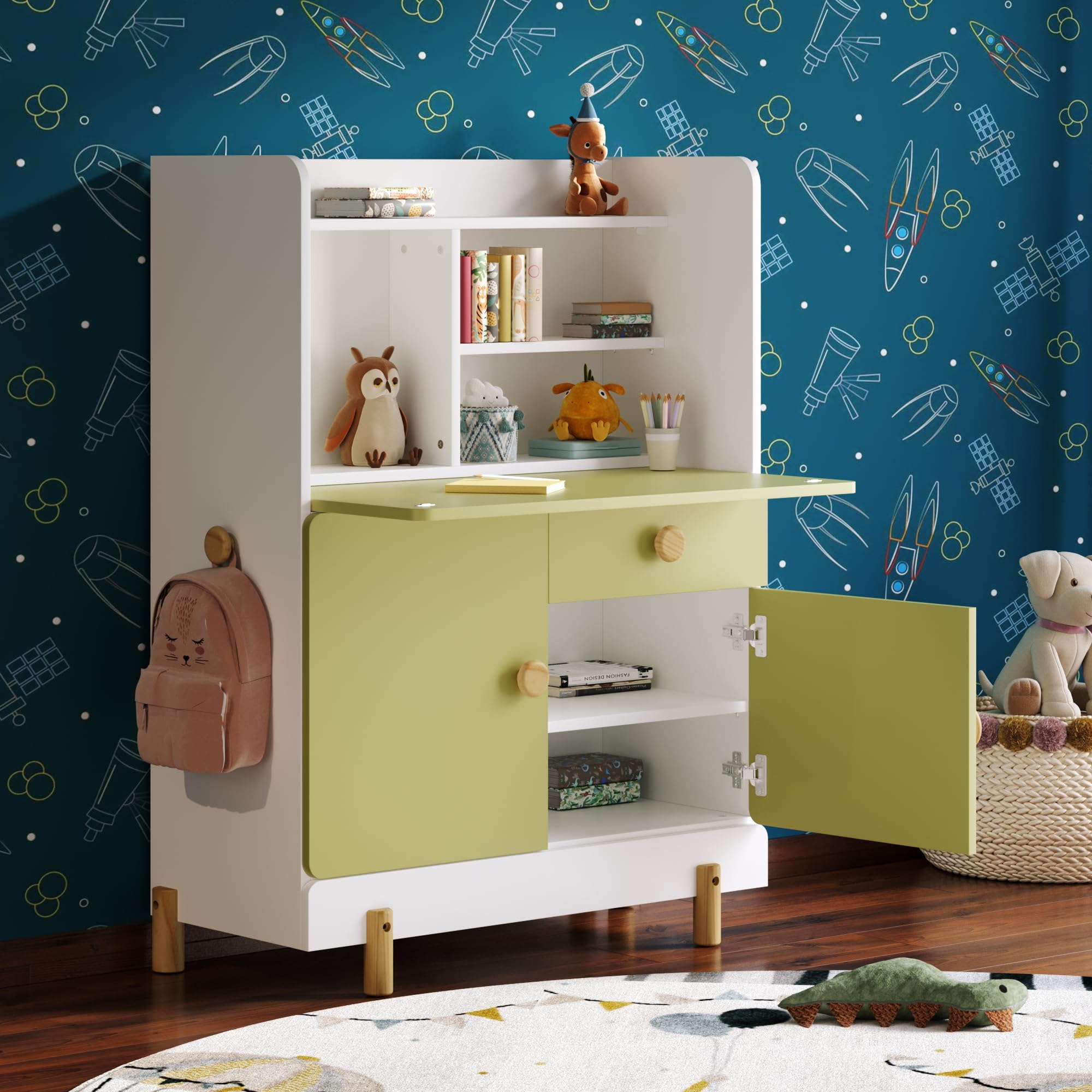 Wakefit Engineered Wood Study Table with Storage for Kids | 1 Year Warranty | 5-12 Years Study Table for Kids | Writing Desk with Cabinet | Meg - Frosty White & Mellow Green