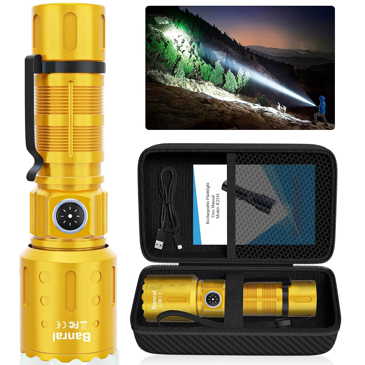 Banral High Lumens Rechargeable Flashlight, 1500m Range, 6 Modes, Waterproof,
