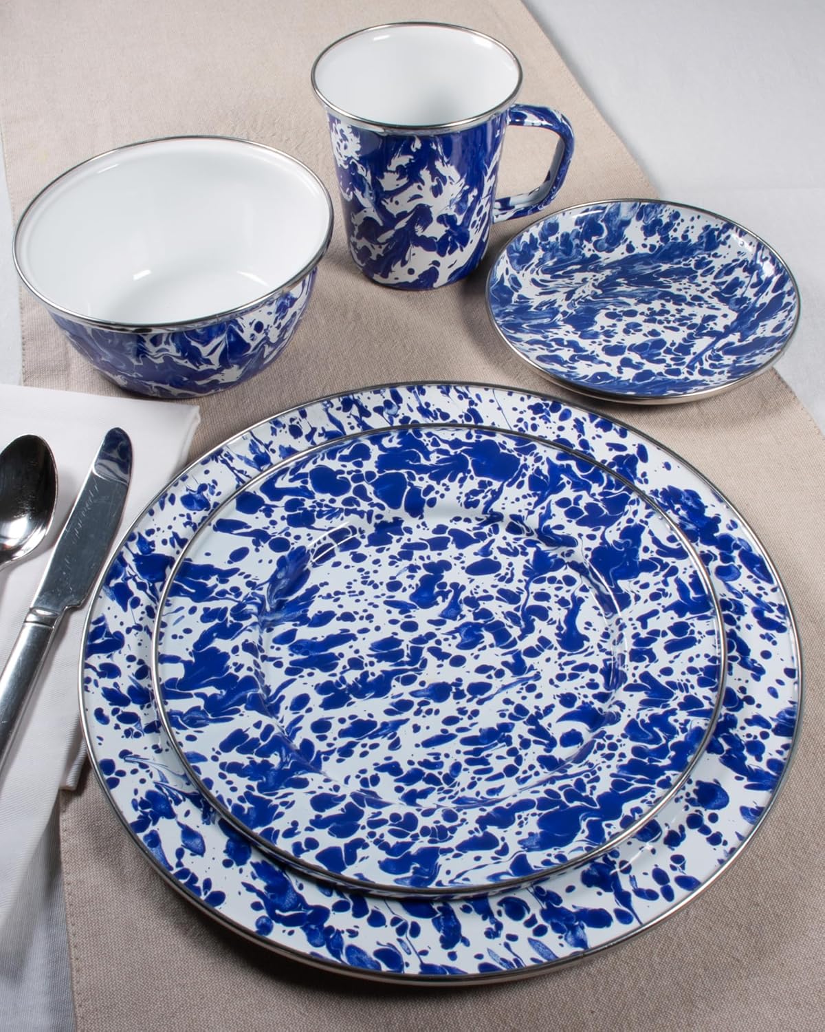 Set of 4 Blue Enamel Swirl Ceramic Soup Bowls