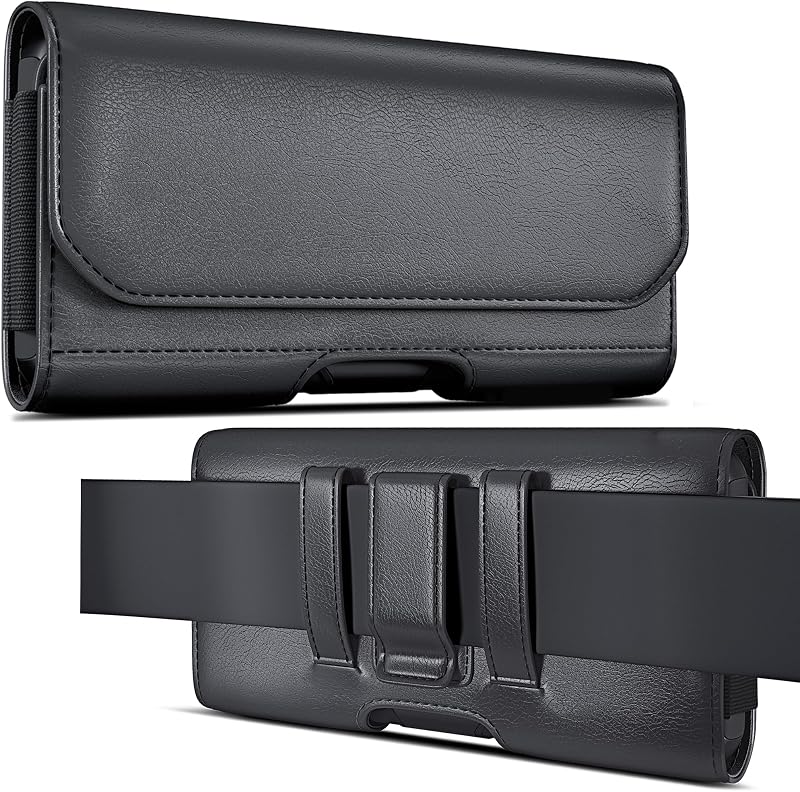 PiTau Holster for Large iPhone 16 Plus, Pro Max 15 14 13 12 11 Xs, Samsung Galaxy S25+ 5G S24+ S23+ S22+ S21+ Cell Phone Belt Case with Clip - ID Card Holder Pouch - Fits with Protective Case on