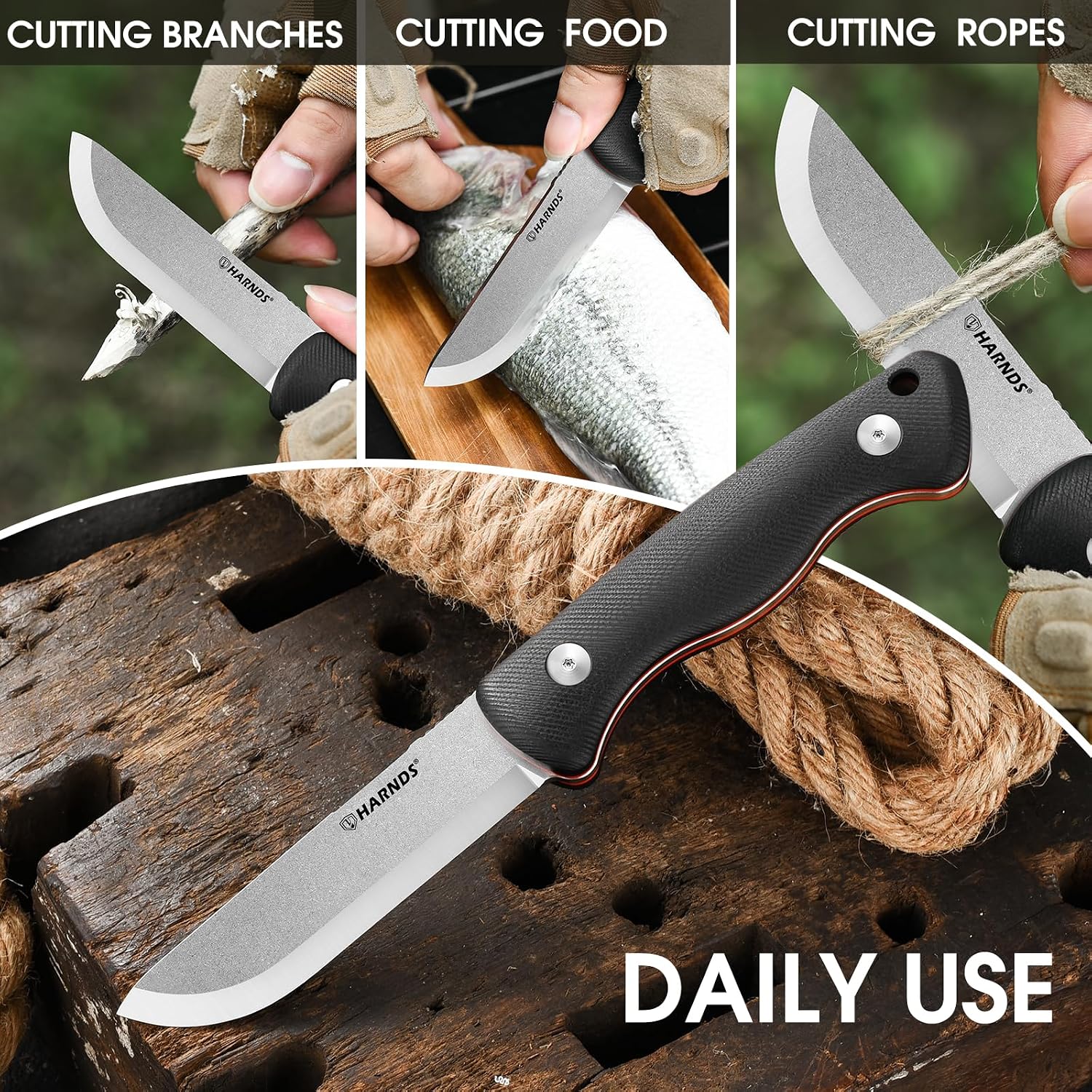Harnds Discovery Outdoor Full Tang Fixed Blade Knife, made of 10Cr15CoMoV steel, with detachable G10 handle, adjustable sheath, Scandinavian grinding EDC survival knife, suitable for wilderness survival, hunting, camping (black)