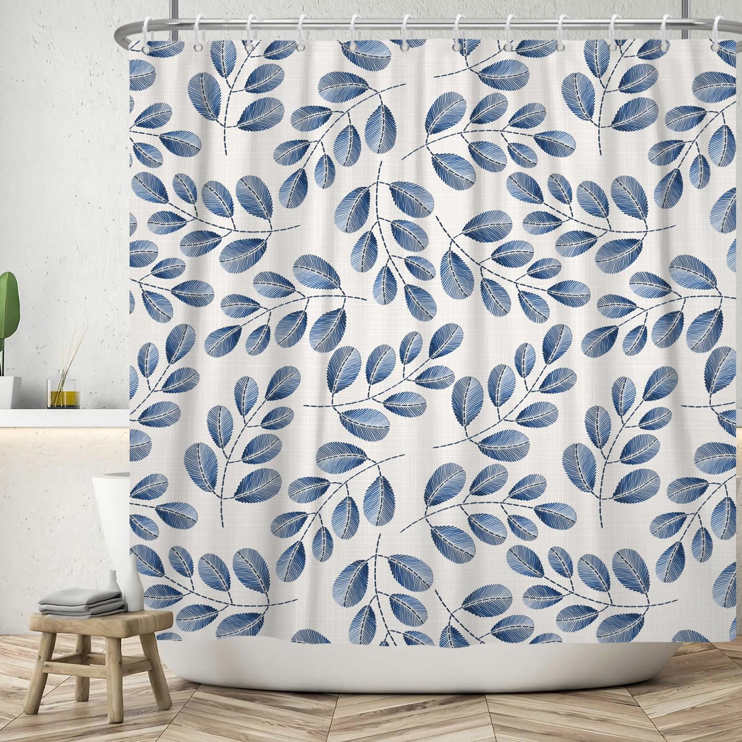 ASDCXZ Leaves Shower Curtain 165x180 cm, Spring Simplicity Blue Leaves Grey Bath Washable Shower Curtains Polyester Textile Waterproof Bath Curtain for Bathtub with 12 Hooks โ image 1