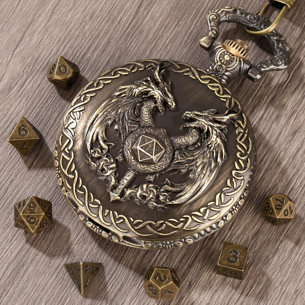 Mini DND Dice Set including Wand and Double Dragon Head Pocket Watch Shell Case, DND Starter Set - Image 4