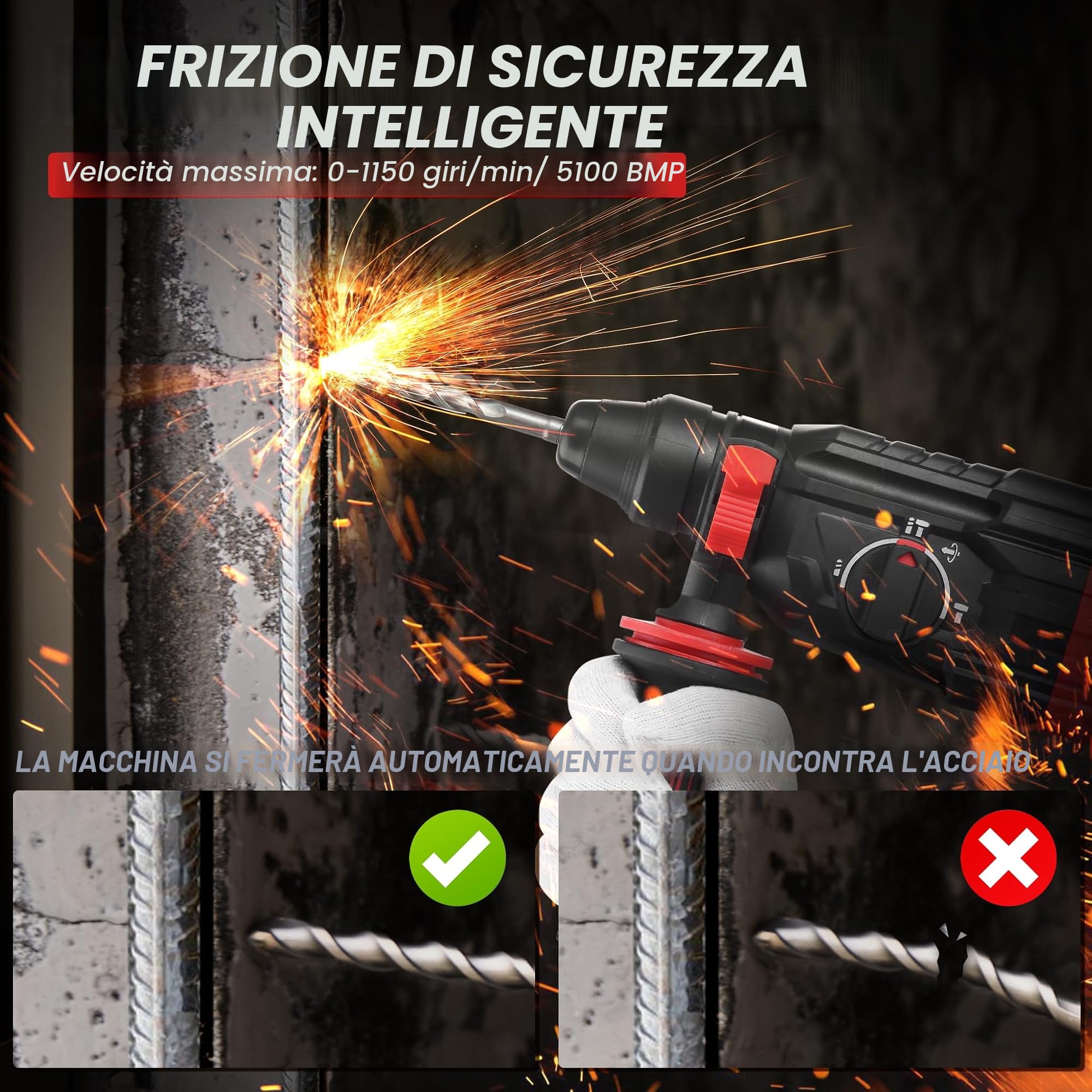 TEENO Martello Perforatore SDS Plus 950W con 17 Accessori,Martillo Ligero 0-1150giri/min/5100BPM,4 Funzioni e Frizione di Sicurezza,Velocità Variabile, Calcestruzzo, Acciaio, Legno